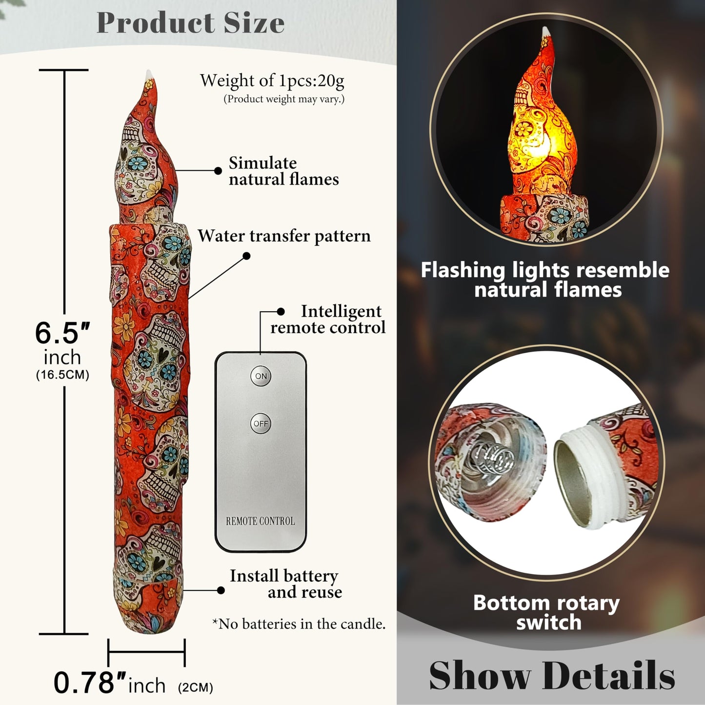 FCMSHAMD Day of The Dead Style Skull Flameless Short Taper Candles, Drip LED Battery Operated with Remote, Flickering Flame Lights for Home Décor, 6.7 Inch Primitive Flameless Print Candles, 4PCS