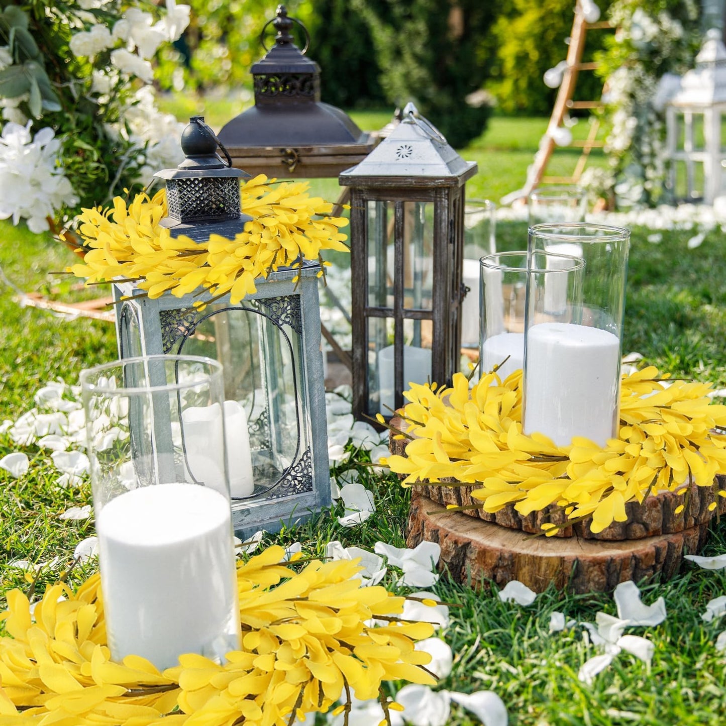 6 PCS Spring Forsythia Wreath Candle Rings Artificial Forsythia Farmhouse Candle Rings Pillar Holder Wreath Mini Spring Summer Floral Candle Rings for Rustic Wedding Home Table Centerpiece Decor