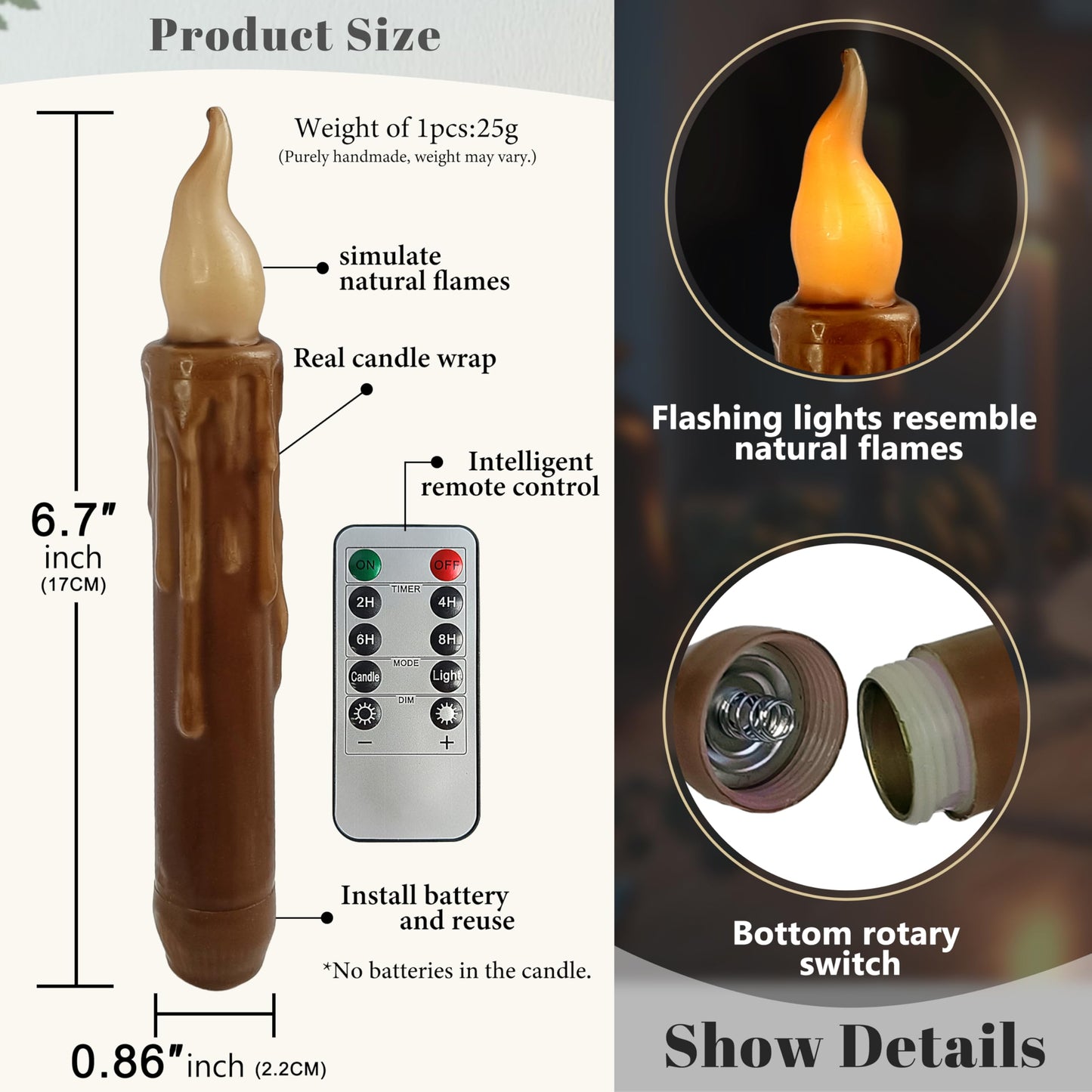 FCMSHAMD Brown Flameless Short Taper Candles, Real Wax Hand Dipped LED Battery Operated with Remote, Flickering Flame Lights for Festival Party Home Décor, 6.7 Inch Primitive Flameless Candles, 4PCS