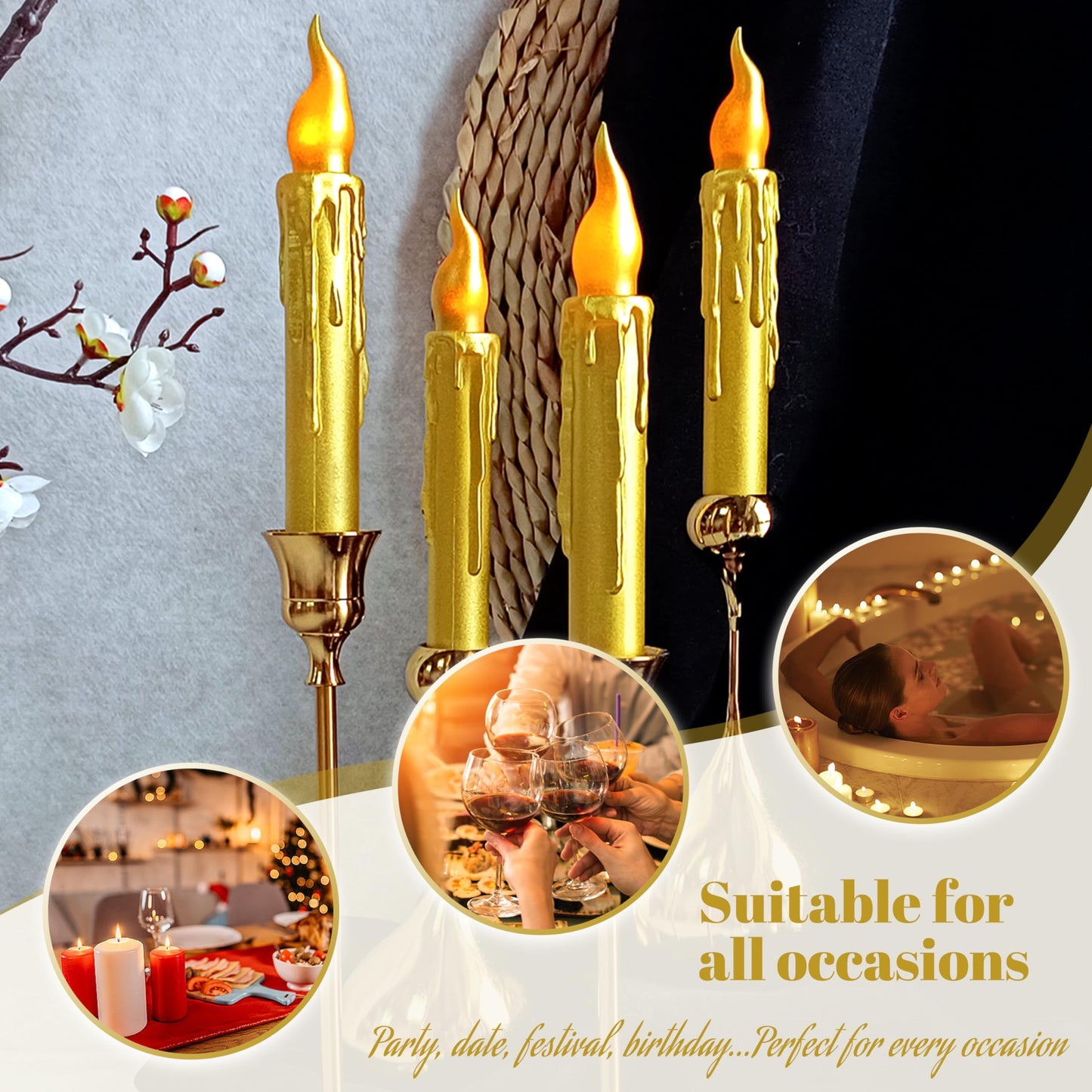 FCMSHAMD Gold Silver Christmas Flameless Short Taper Candles, Red Green LED Battery Operated with Remote, Flickering Flame Lights for Home Décor, 6.7 Inch Primitive Flameless Print Candles, 4PCS