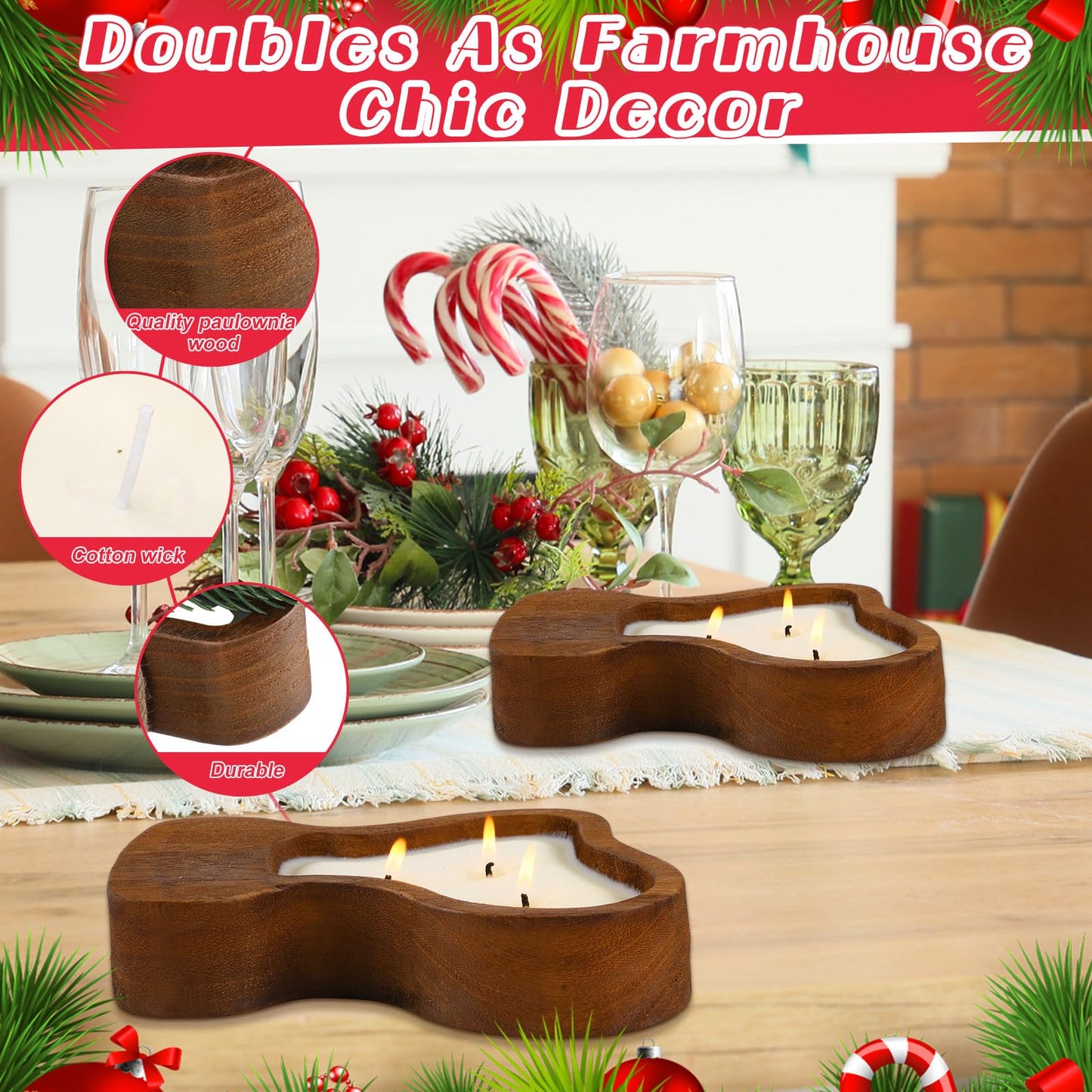 MTLEE 2 Pack Christmas Wood Dough Bowl Candle Socking Wooden Candle Bowl 3 Wick Xmas Farmhouse Decoration with Berries Pine Label for Christmas Table Centerpiece Birthday Gift Home Party Decor