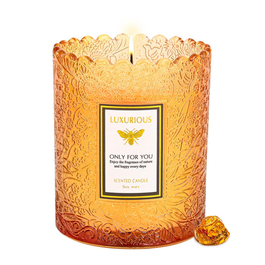 Sandalwood Candles, Candles for Home Scented, Natural Soy Wax Candle，Aromatherapy Candle for Stress Relief, Delicate Embossed Glass Jar for Home Decor, 7 oz 40 Hours Burning Time