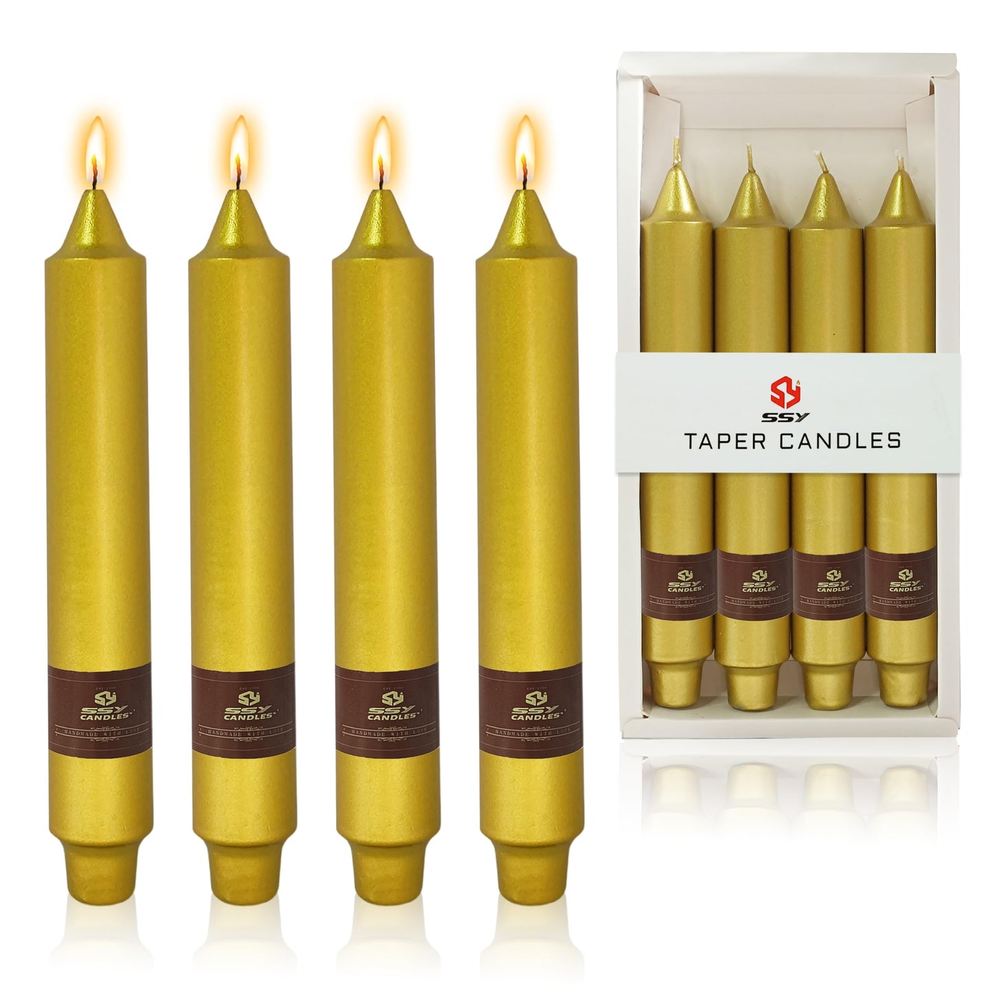 Christmas Metallic Gold Candle 9 Inch Tall Smokeless Taper Candles 4 Pack Unscented Dinner Candle for Christmas Dinner