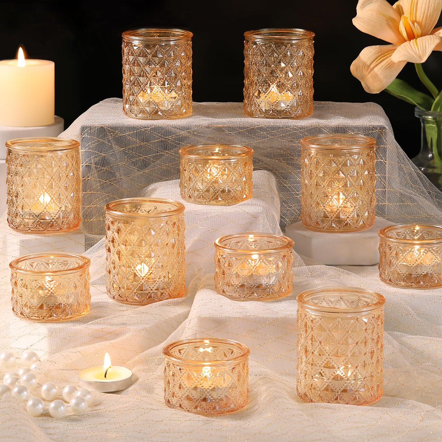 MATAHUM 20 Pcs Gold Glitter Diamond Tealight Candle Holders, Luxury Glass Votive Candle Holders Bulk, 2 Sizes for Wedding Centerpieces, Bridal Shower, Birthday, and Anniversary Party Decor