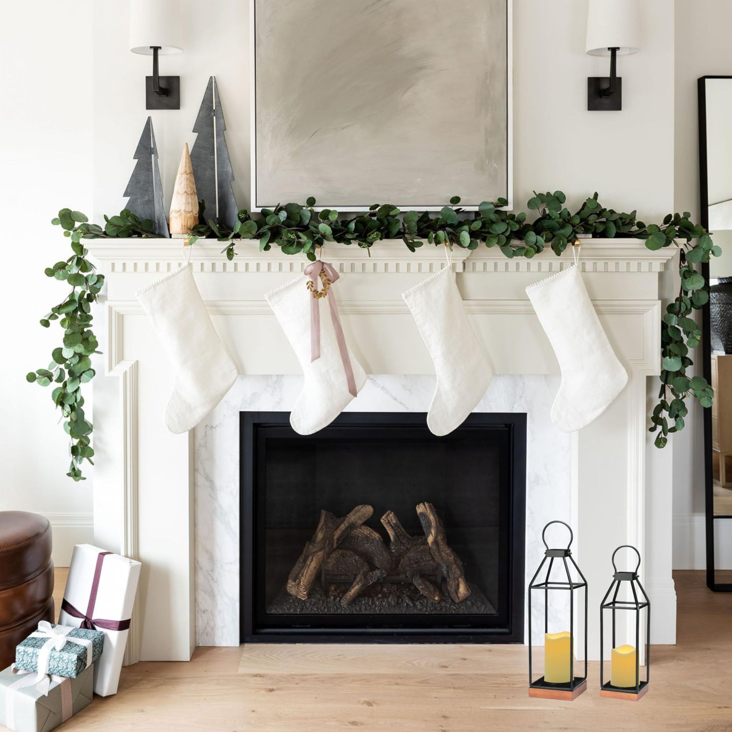 Perfnique Metal Lanterns w/ Pine Wood, Set of 2 Farmhouse Lantern Decorative w/ Waterproof Flameless Candle & Remote Timer, Modern Farmhouse Candle Holder for Outdoor, Porch, Fireplace(Wood Base)