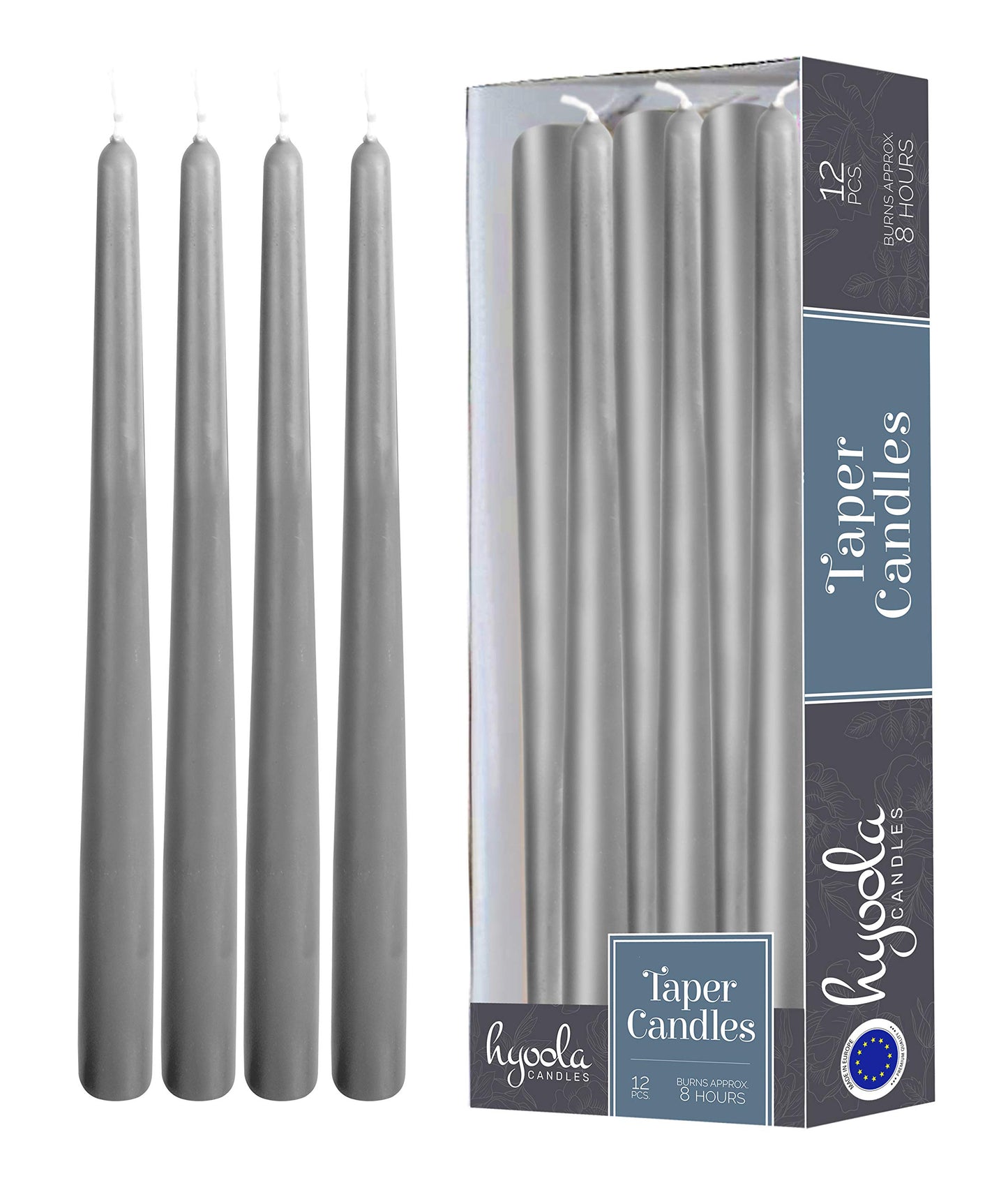 Hyoola Tall Taper Candles - 10 Inch Dripless, Unscented Dinner Candle, Paraffin Wax with Cotton Wicks - 8 Hour Burn Time, Dark Grey (Pack of 12)