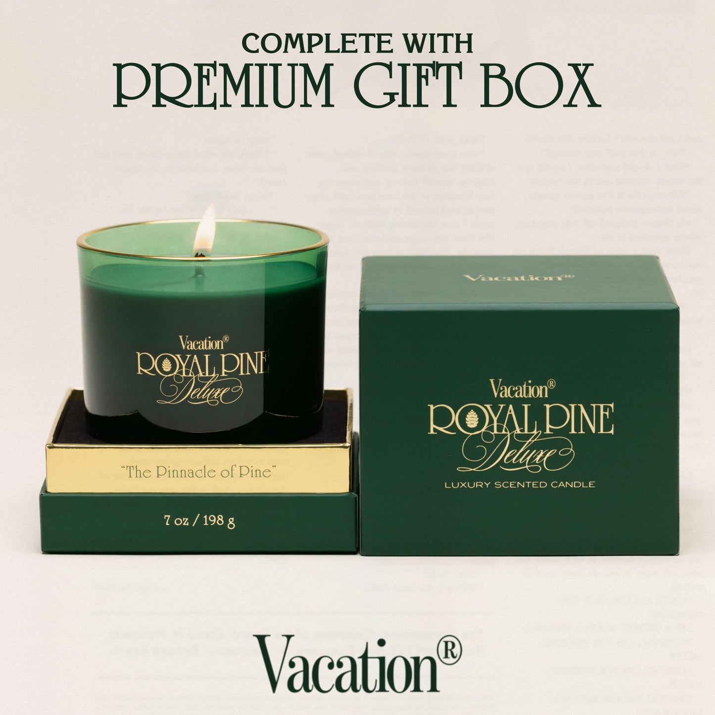 Royal Pine Deluxe Pine-Scented Candle by Vacation Sunscreen, Premium Soy-Blend Wax, 70-Hour Long Burning, Winter House Decor, Gift for Women & Men, 7 Oz.