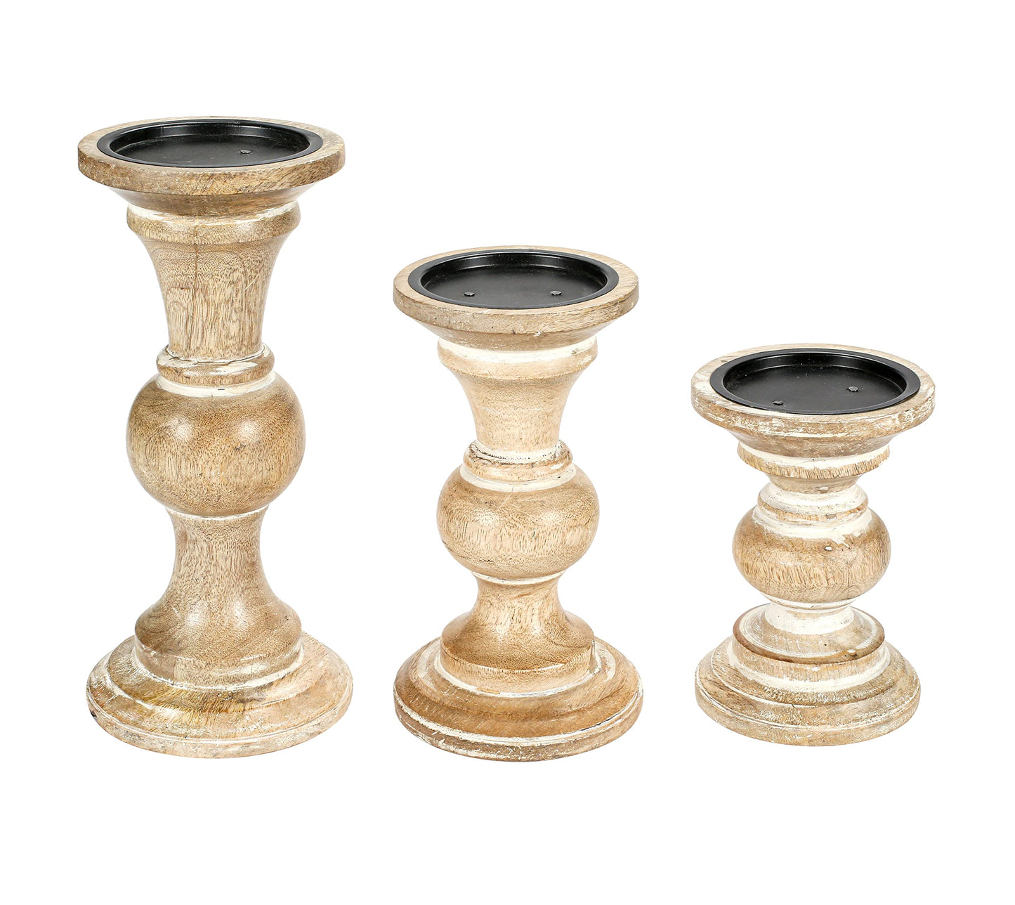 Candle Stands Wooden for Pillar Candles,Rounded Turned Colums, Sustainable Woods, Country Style, Ideal for Reiki, Aromatherapy, Votive Candle Gardens Home décor - 10,8,6 Inch Set of 3 - White Wash