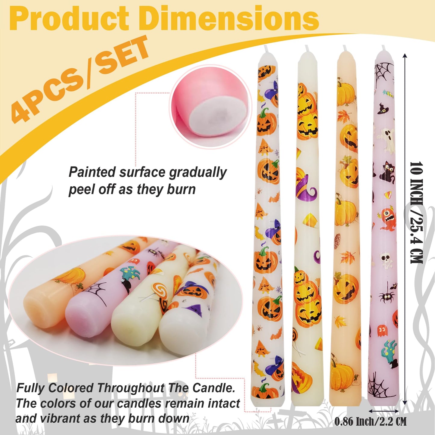 FYBW 10-Inch Halloween Taper Candle Set of 4,Pumpkin Skeleton & Bat Prints, Spider Web Spooky Dinner Candles,Gift for Festive Halloween Day Decoration,White