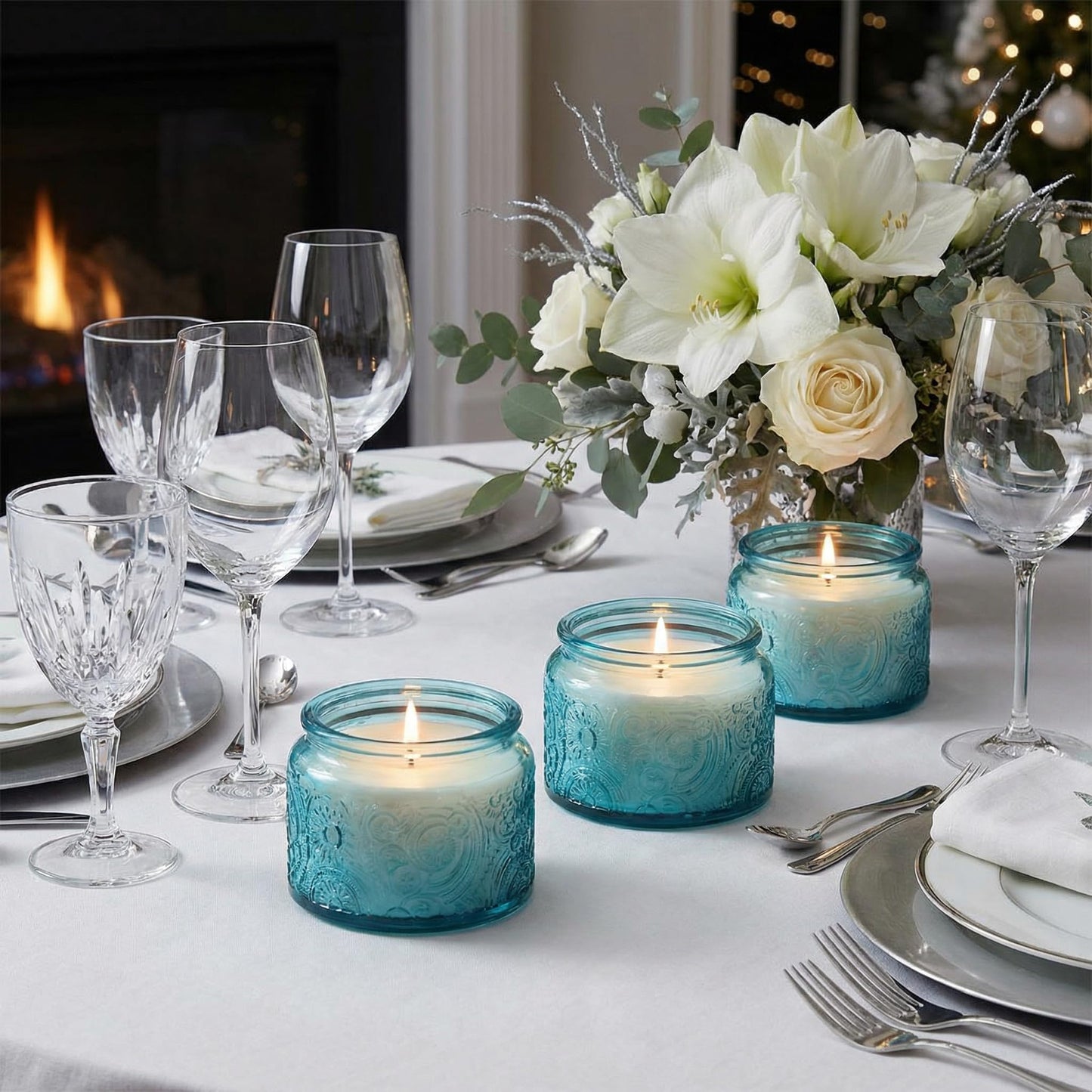 18-Pack 4oz Embossed Glass Candle Jars with Lids and Labels - Sun Moon Stars Design (Blue)