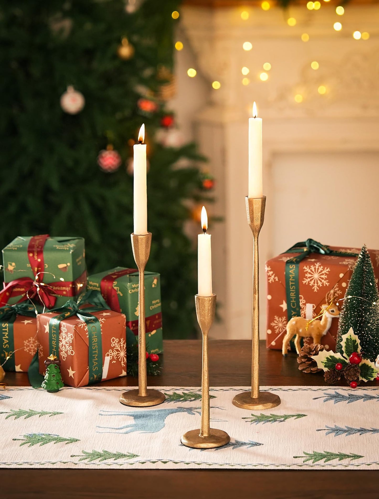 Romadedi Gold Candlestick Candle Holder - Cast Iron Taper Candle Stick Holders Brass Antique Decor Tapered for Wedding Dining Table Christmas Mantel Home Decoration Set of 3