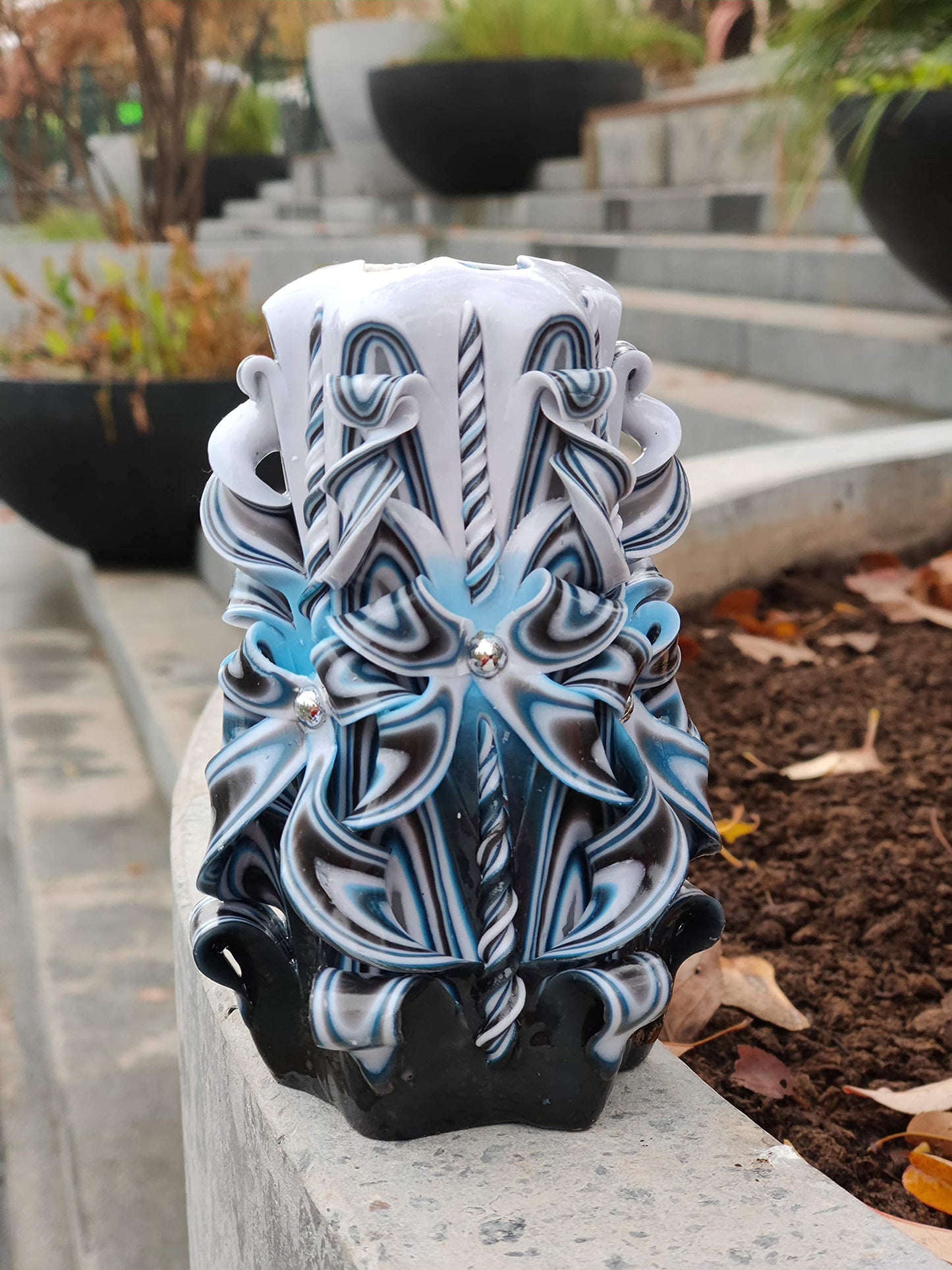 Handmade Carved Candle - Surprise Gift For Her - Decor Birthday Halloween Thanksgiving Christmas - Spiritual Living Room Home Decor Candles - Unique Engagement Wedding Idea - White Blue - Ordagio