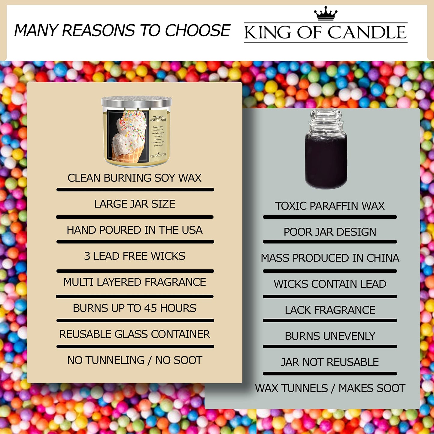King of Candle - Vanilla Waffle Cone Candle | Large 3 Wick Highly Scented Soy Wax/Long Lasting/Vanilla Bean Ice Cream Scented Candle | 14 oz + Decorative Lid