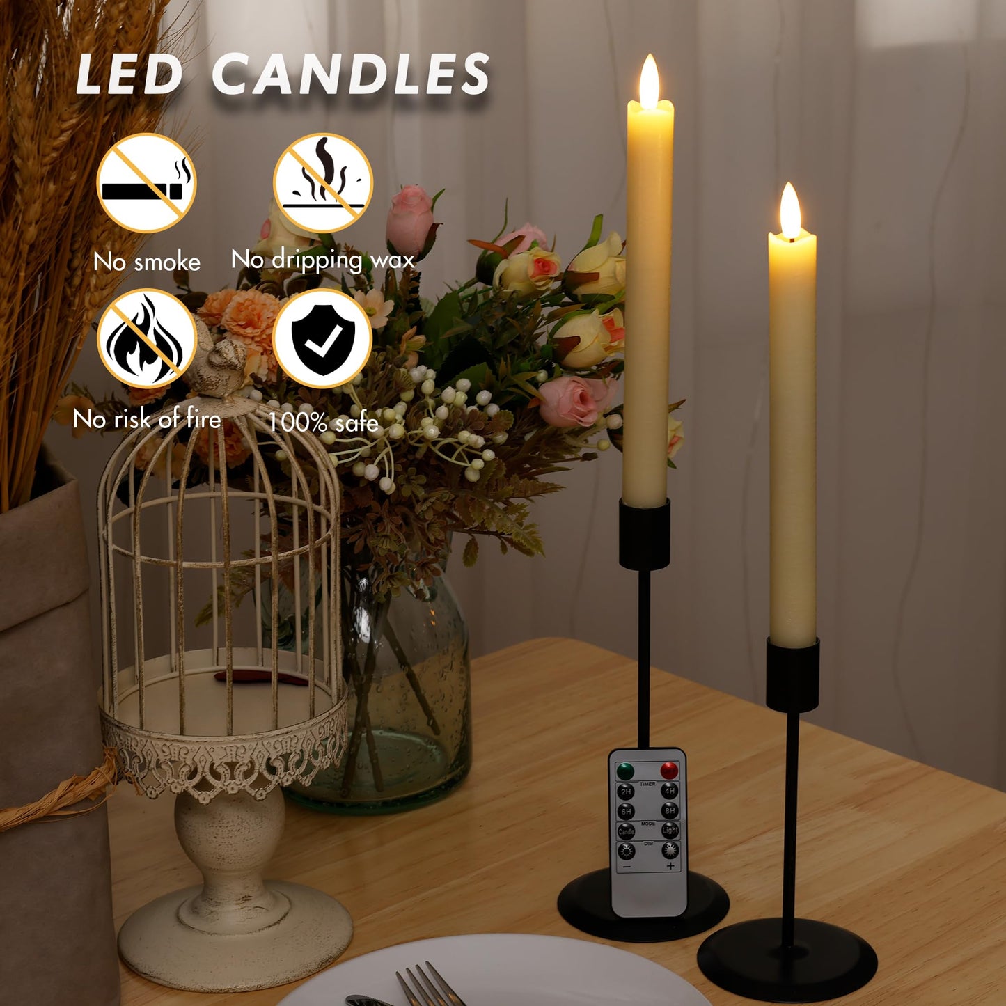 AFINETH Flameless Taper Candles with Two Rmote, 9.6" Real Wax Battery Operated Candles with 3D Wick, 6 Pack Led Flickering Candlesticks, Electric Candle for Home, Wedding, Party, Decor, Ivory