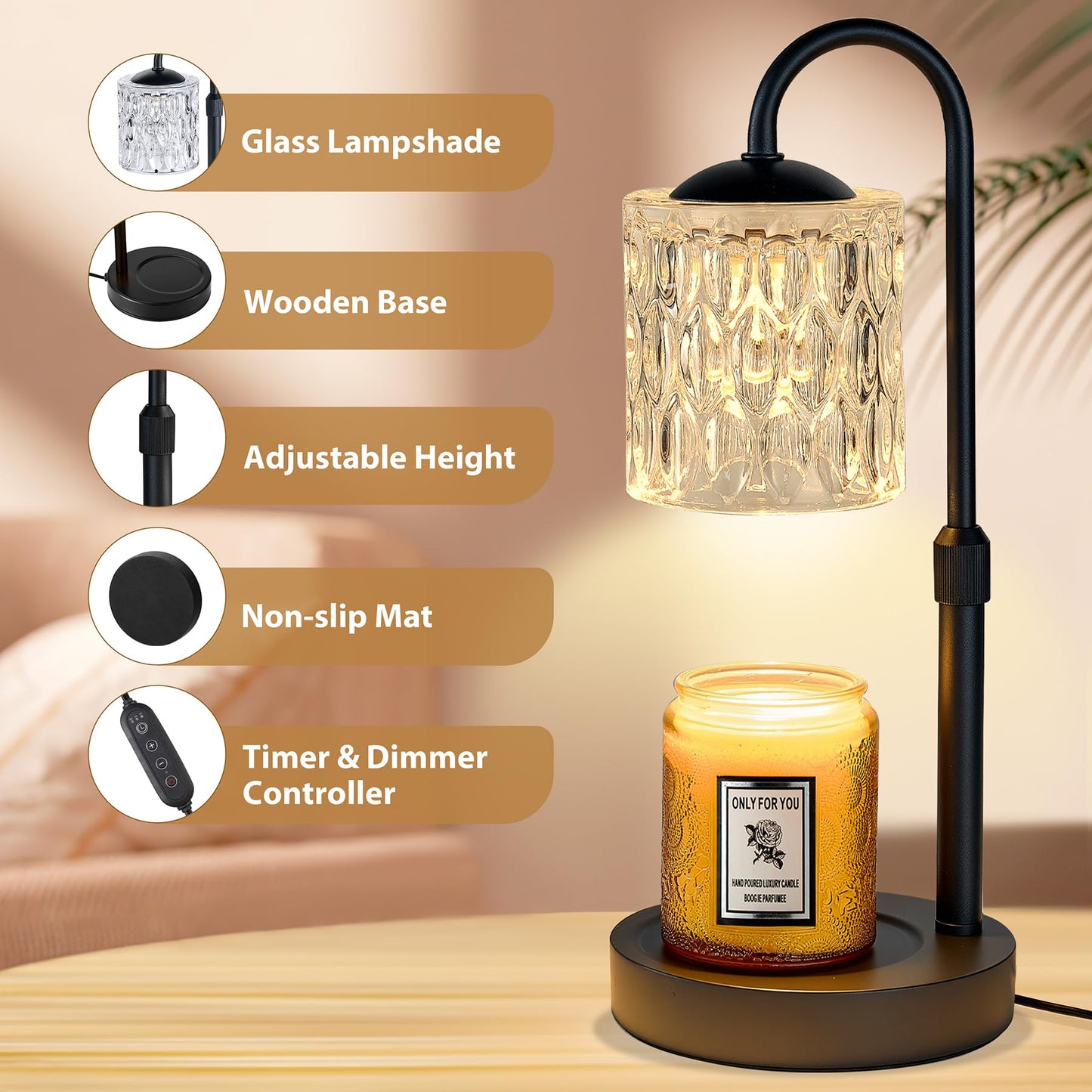Briever Dimmable Candle Warmer Lamp with Timer, Height Adjustable Electric Candle Wax Warmer, Christmas Birthday Gifts for Women Mom, House Warming Gifts New Home Decor, Black Base with Glass Shade