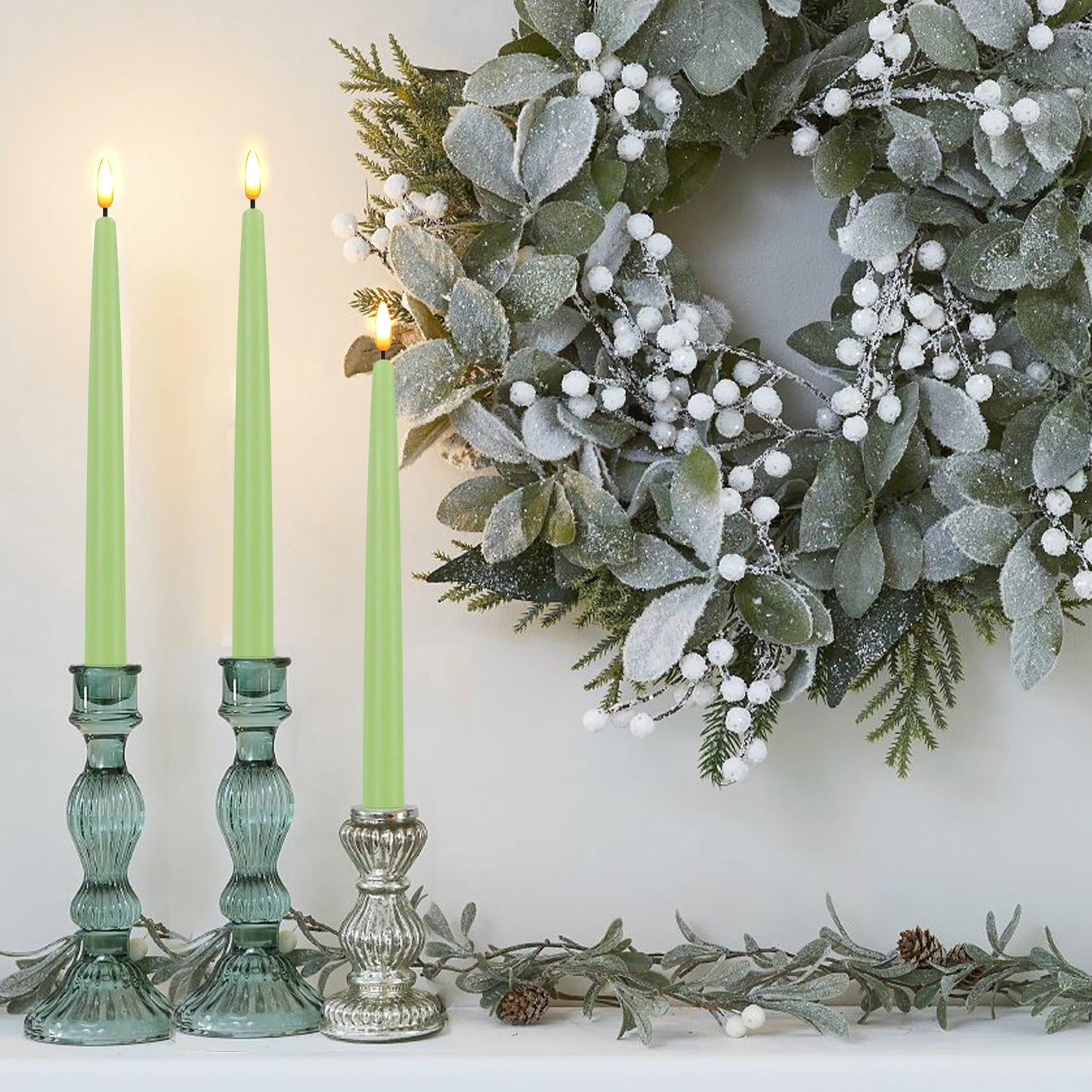 CVHOMEDECO. Flameless Taper Candles with 10-Key Remote, Battery Operated Led Flickering 3D Wick Window Candles Real Wax Finished Home Christmas Party Decor 0.78 x 11 Inch, Pack of 3, Light Green