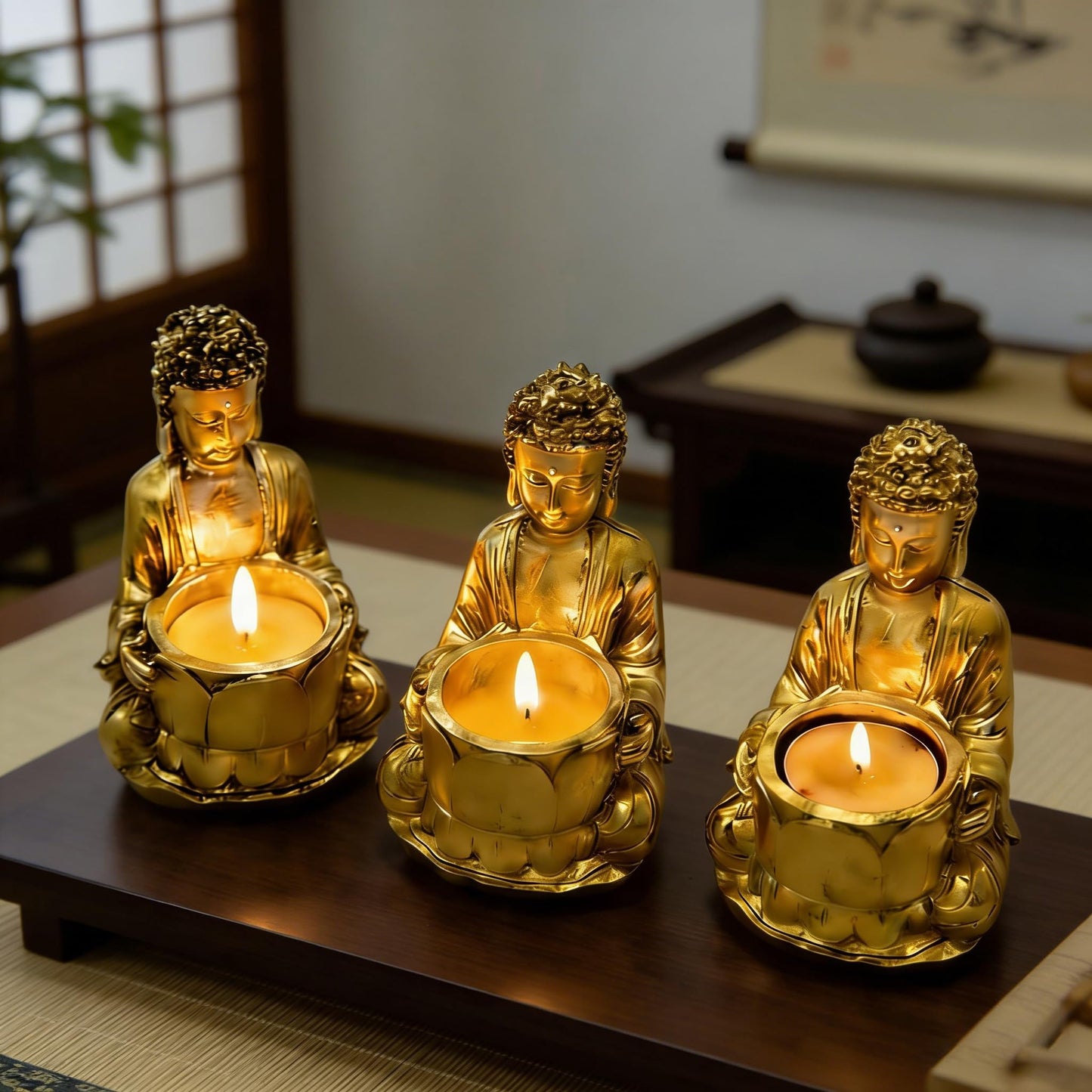 Resin Candle Holders Set Zen Statue Suitable for Meditation Feng Shui and Home Festival Decor Bring Good Luck