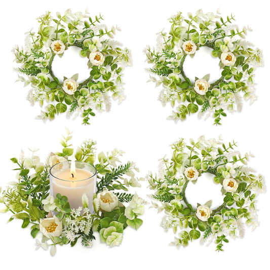 KHOYIME Floral Candle Rings Wreath 4PCS Small Spring Summer White Artificial Flowers Greenery Wreaths for Pillars, Mini Candle Holder Kitchen Cabinets Table Centerpieces Wedding Party Farmhouse Decor