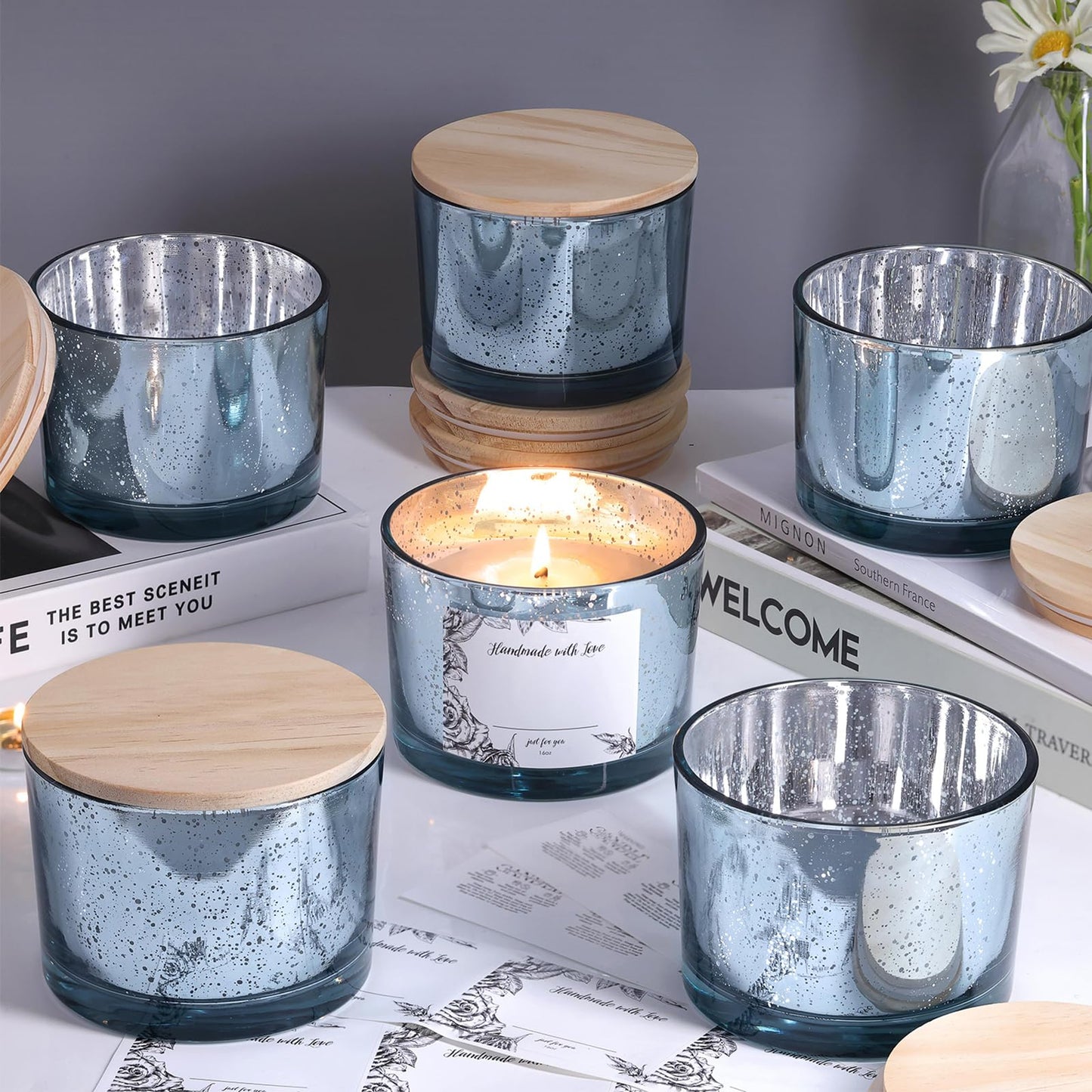 simeitol 6pcs 16oz Blue Candle Jars for Making Candles, Speckled Glass Candle Vessels with Lids, Bulk Empty Candle Containers, Blue Wedding Centerpieces, Baby Shower Party Table Decorations