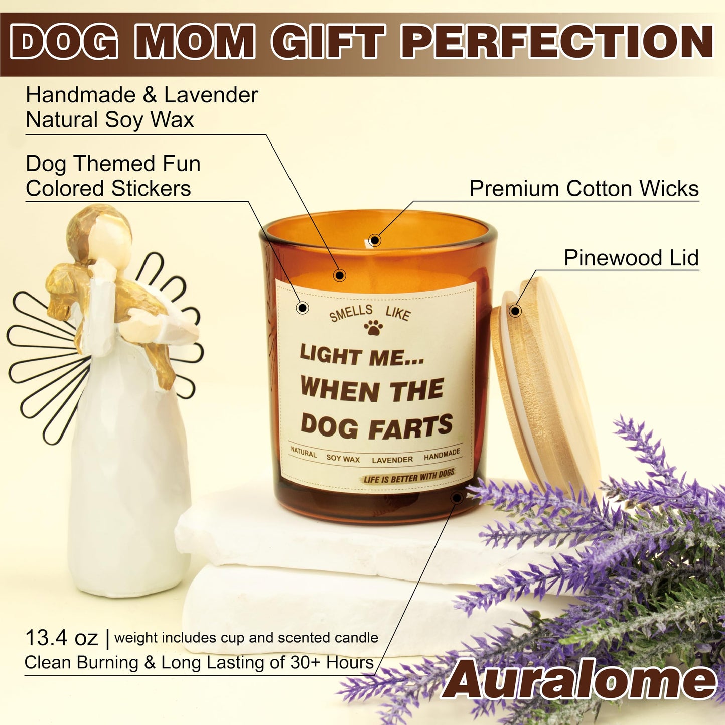 Auralome Candle Gifts for Women - Dog Mom Candles Lavender Light Me When The Dog Farts Pet Friendly Safe Scented Candle Themed Gifts Soy Wax Present Idea Funny for Pet Lovers Home Decor