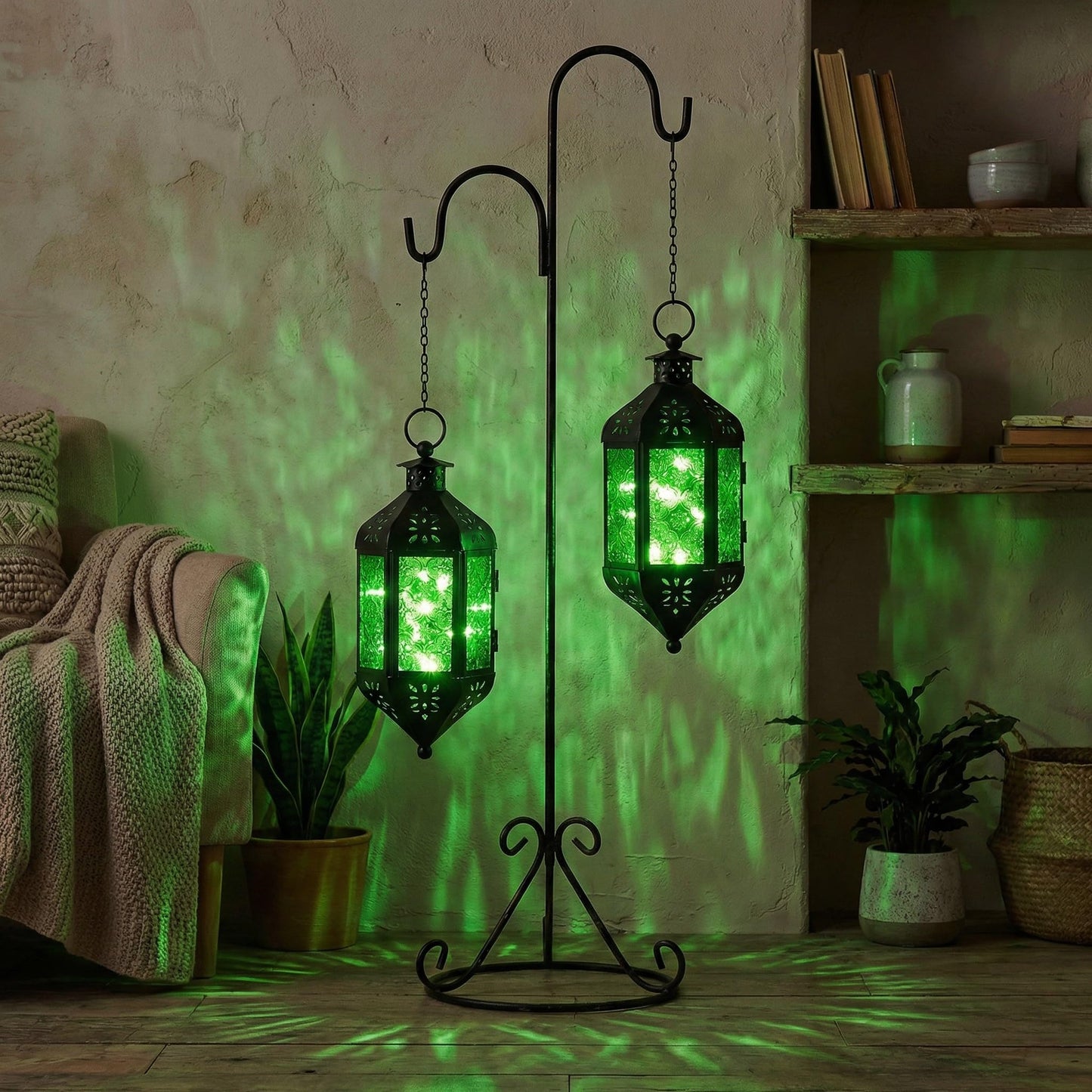Vela Lanterns Hanging Moroccan Lamp - Exotic Decorative Patio & Porch Decor, Indoor Outdoor Tea Light Candle Lantern Holder with Chain (11" Medium, Green Glass)