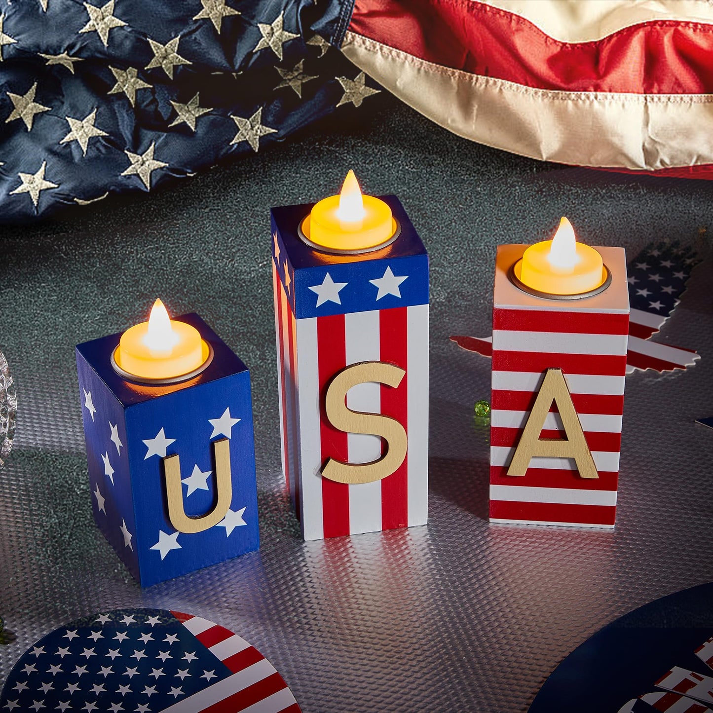 BlcTec 4th of July Decorations, 3 PCS Patriotic Wood Candle Holders with Tea Lights, Rustic Farmhouse Centerpieces for Home, Tiered Tray, Tabletop, Mantel, Office, Porch, Memorial Day, July 4th Décor