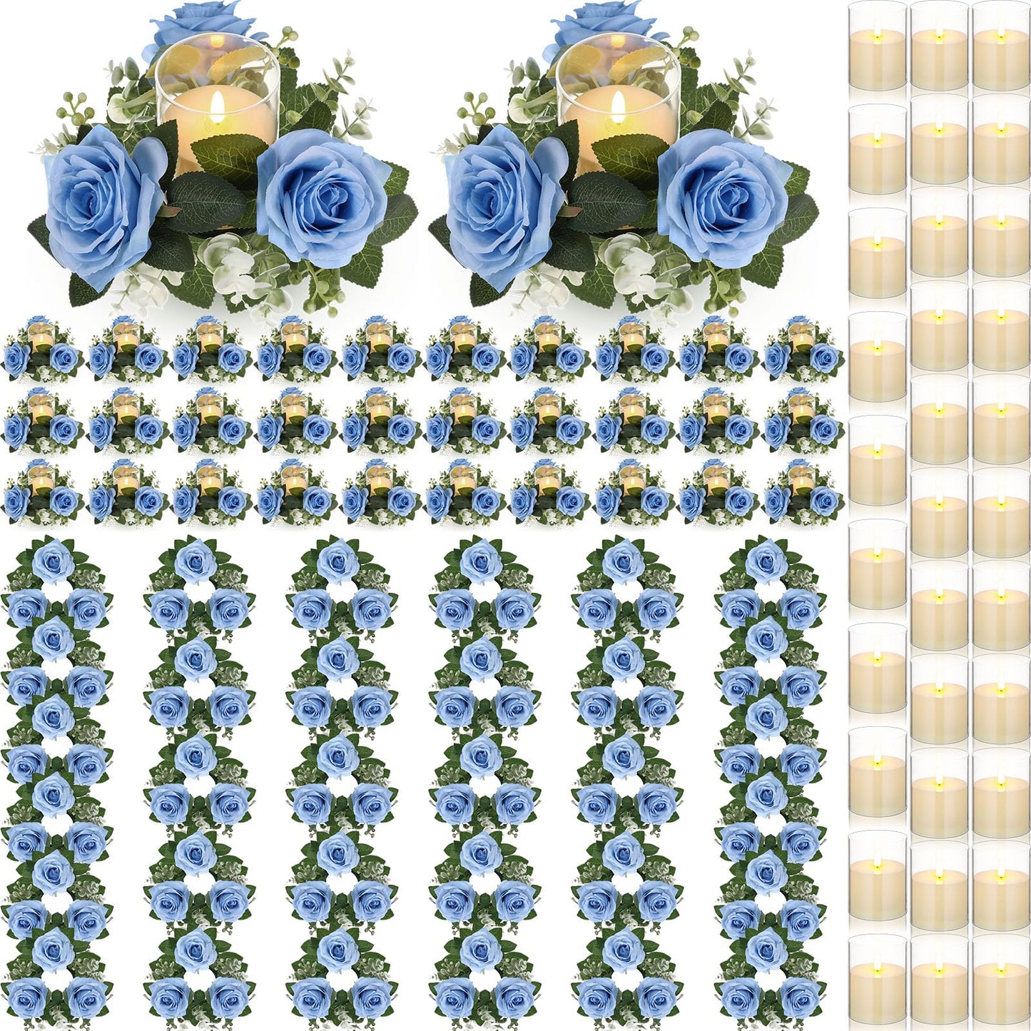 Yunlly 32 Pcs Rose Candle Rings with Flameless Candles Sets, Artificial Flower Eucalyptus Wedding Centerpiece 3 Inch Pillar Candleholders Wreaths for Wedding Party Mother's Day (Blue)