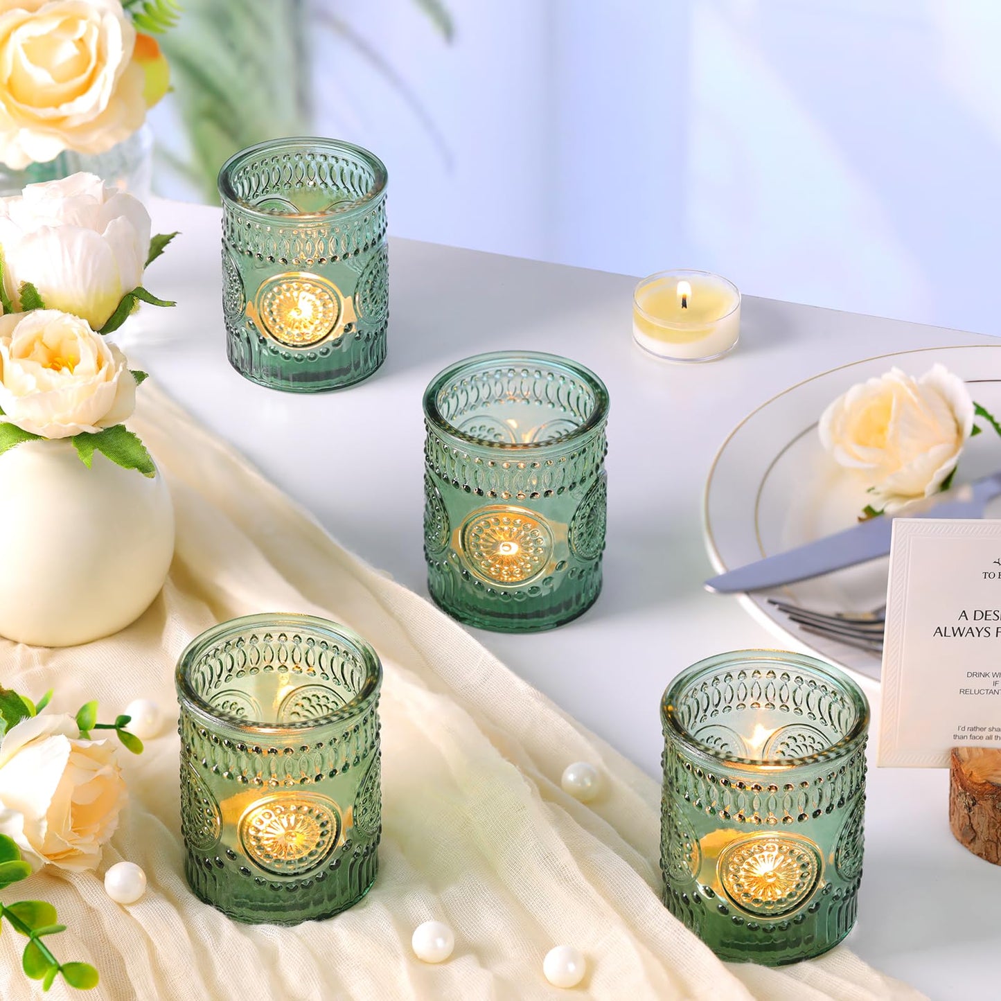 Lanttu 12pcs Green Votive Candle Holders，Glass Tea Lights Candle Holder Bulk for Birthday Parties, Weddings, Table Decorations, Candlelight Dinners