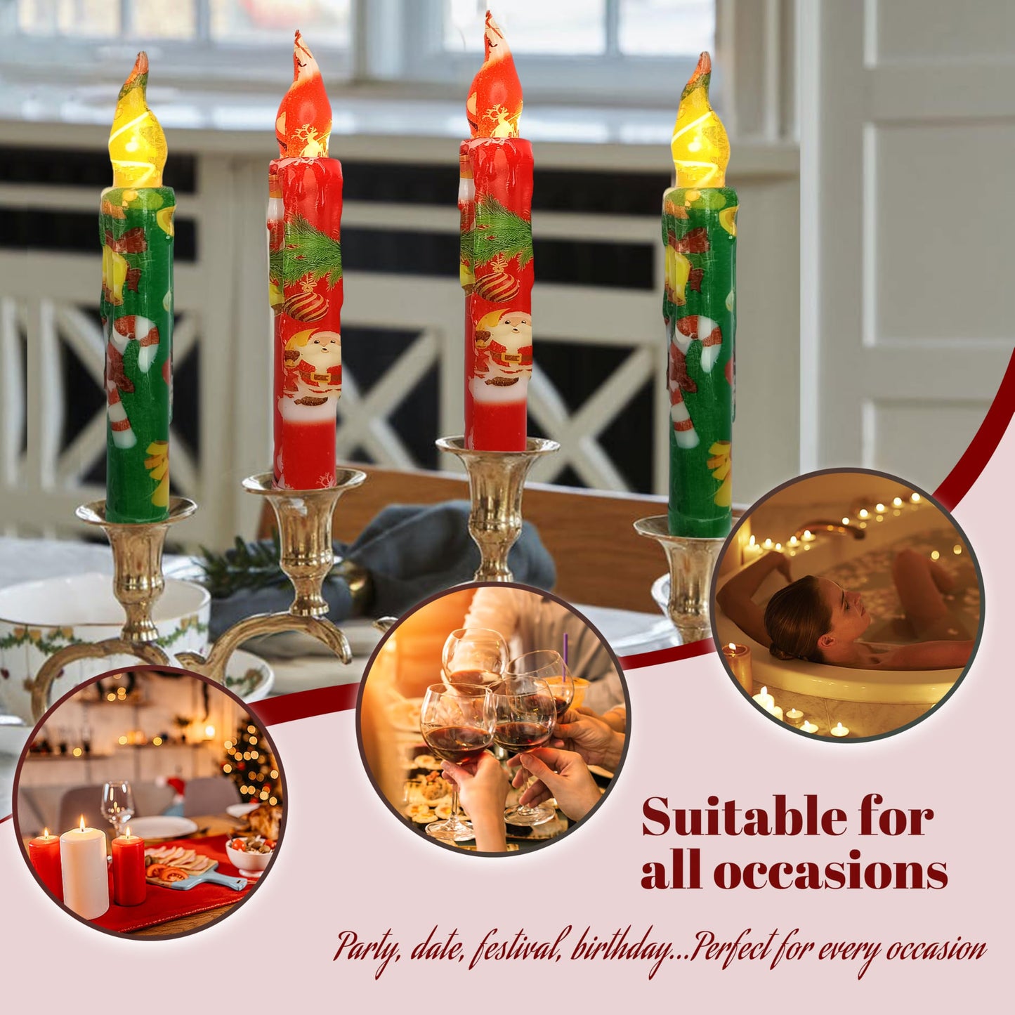 FCMSHAMD Christmas Flameless Short Taper Candles, Red Green LED Battery Operated with Remote, Flickering Flame Lights for Home Décor, 6.7 Inch Primitive Flameless Print Candles, 4PCS