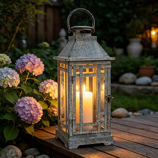 14" Vintage Metal Lantern with Glass Panels Rustic Decorative Candle Holder Lantern, Farmhouse Distressed Hanging Lantern for Indoor/Outdoor Patio, Garden, Entryway, Wedding Accents