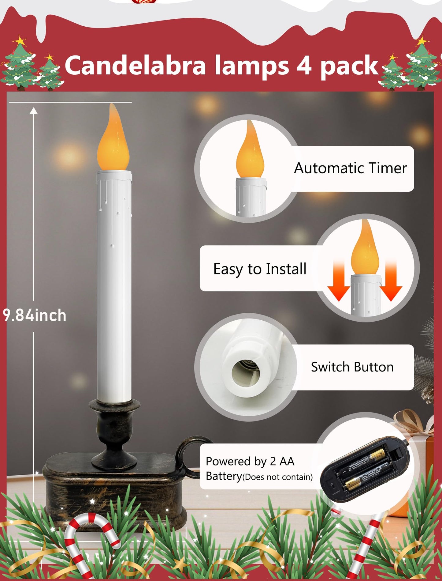 4 Pack Christmas Window Candle Lamps, Flameless Flicker LED Lights and Bronze Base, Dusk to Dawn Light Sensor, 10 Inch Battery Powered Window Candle for Dinners, Table, Party, Valentines Decorations