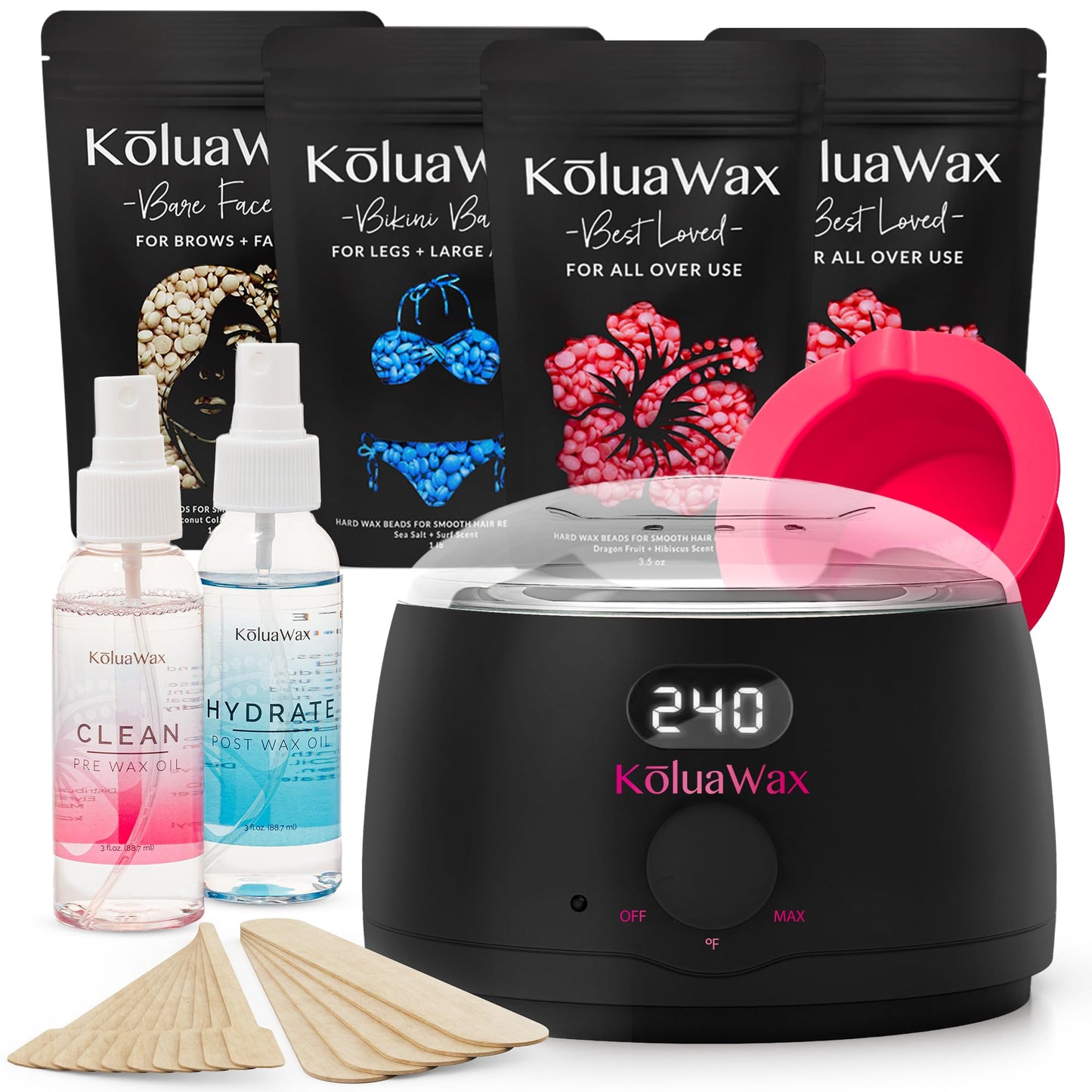 KoluaWax Premium Waxing Kit for Women - Beginner Friendly - Complete Wax Kit that includes 14oz of Wax Beads, Applicator, Pre and Post Care, Suitable for Sensitive Skin (Black) - Mothers Day Gifts