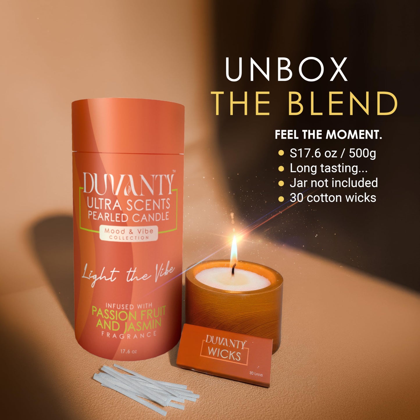 Duvanty Mood & Vibe Pearled Candle Sand with Wicks – Passionfruit & Jasmine Scented Candle for Vibrant Home Ambiance, Decorative Wax Beads & Social Gatherings, 17.6 oz.