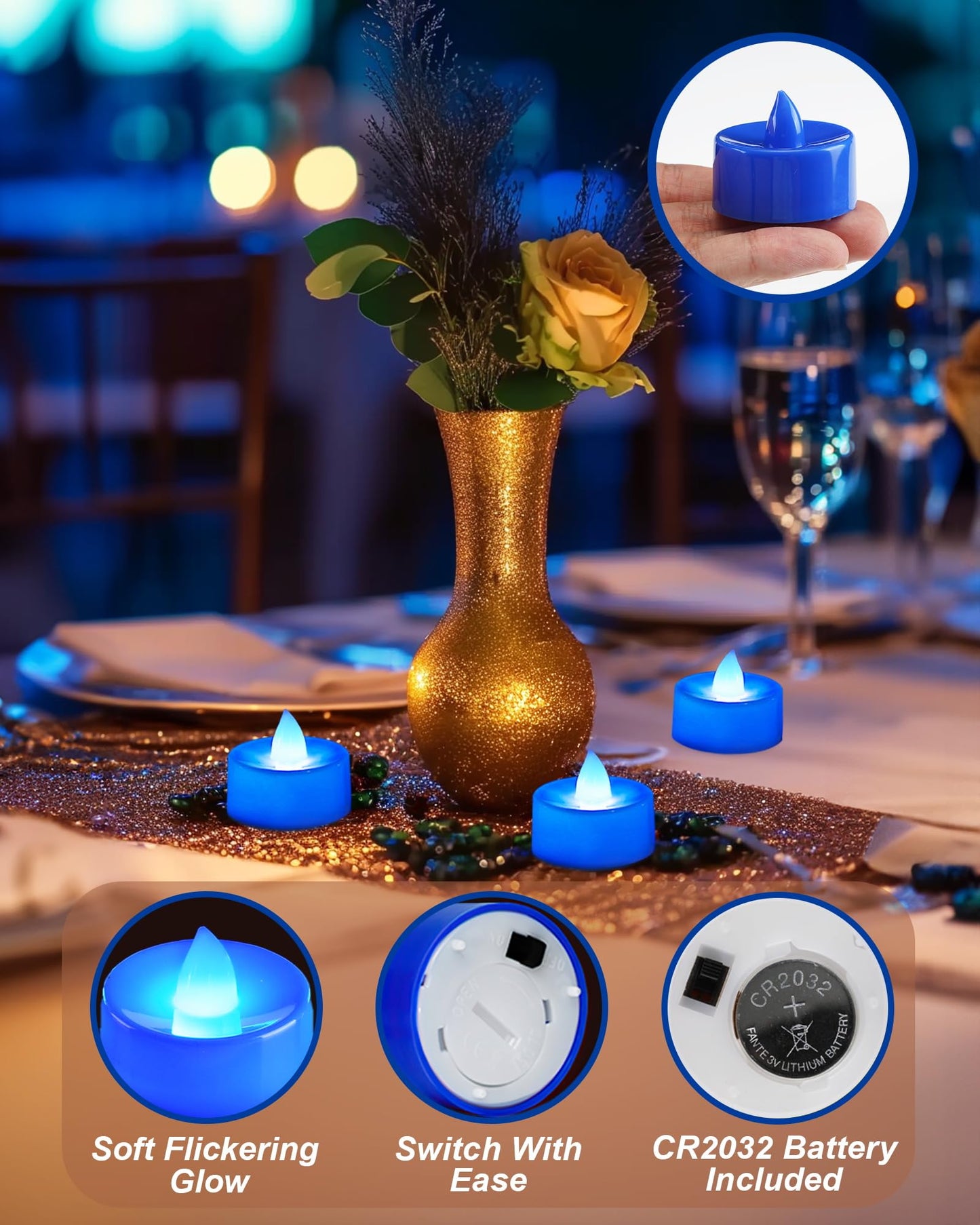 BEICHI Flameless Candles, Battery Operated LED Tealights Votive Flickering for Party Halloween, Christmas, Wedding- 24Pack, Blue Light