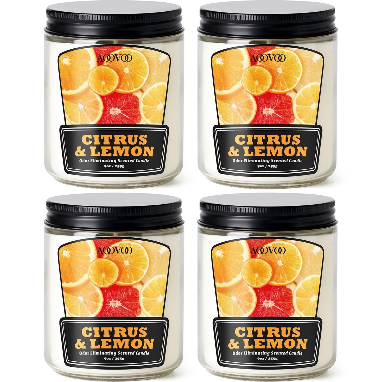 AOOVOO 4 Pack Citrus Lemon Odor Eliminating Candle - Up to 200 Hours Burn time, Eliminates 95% of Pet, Smoke, Food, and Other Smells Quickly, 36 oz Non Toxic Highly Fragranced Air Freshing Soy Candle