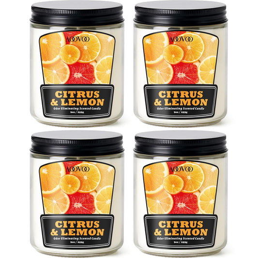 AOOVOO 4 Pack Citrus Lemon Odor Eliminating Candle - Up to 200 Hours Burn time, Eliminates 95% of Pet, Smoke, Food, and Other Smells Quickly, 36 oz Non Toxic Highly Fragranced Air Freshing Soy Candle
