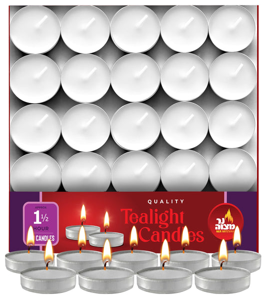 Ner Mitzvah Tealight Candles, Tea Lights Candles, White Tealights Unscented, 1.5 Hour Burn Time (Pack of 100), Bulk