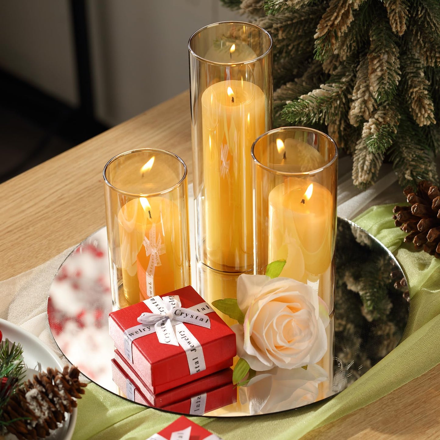 Shihanee 36 Pcs Pillar Candles and Glass Cylinder Vases Tall Cylinder Holders for Pillar Candles Wedding Centerpieces, Total 18 Sets(2.6'' X 4.7'', 5.9'', 7.9'',Amble,Ivory)