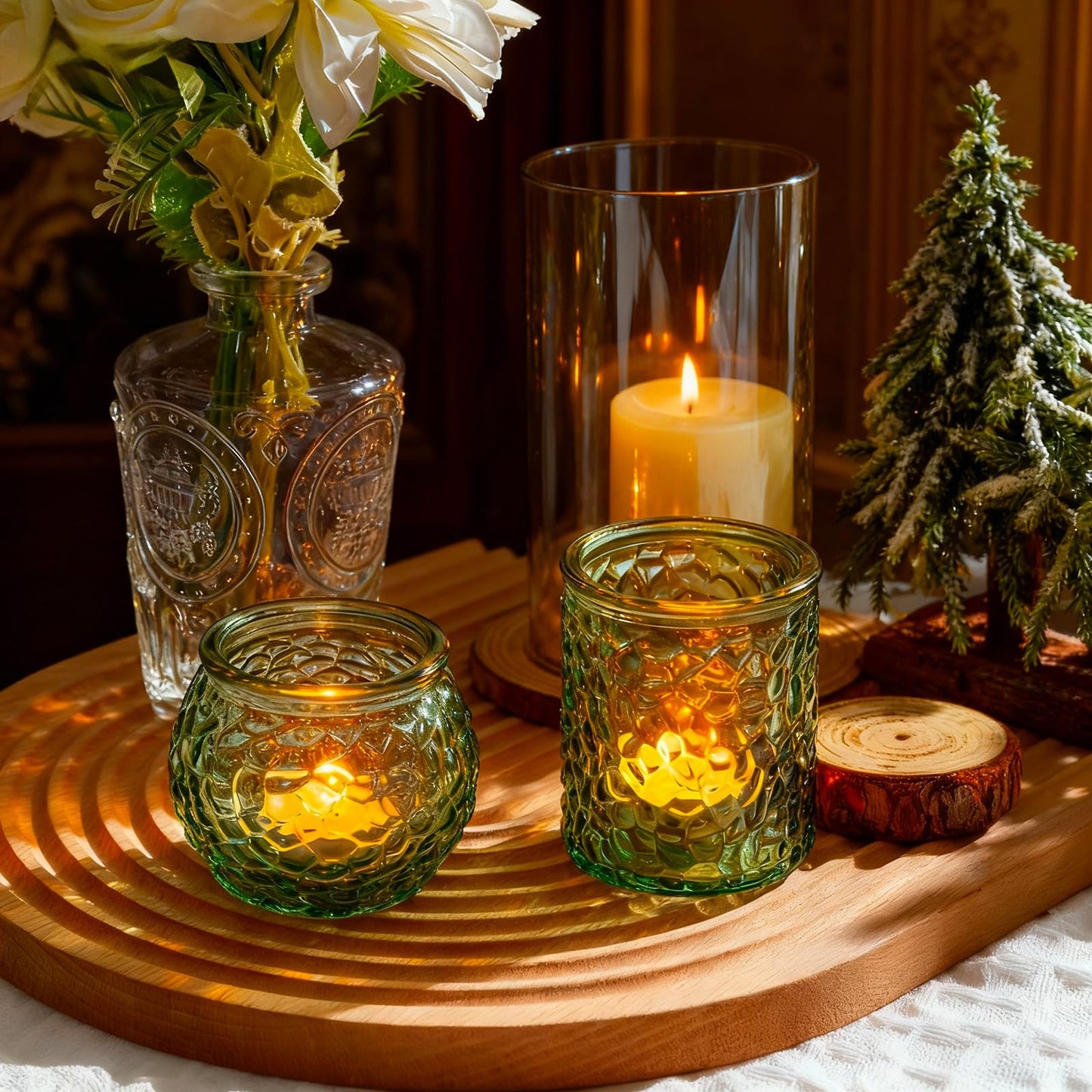 24-Piece Green Glass Votive Candle Holders Set – Tealight Candle Holder Glass Bulk with 12 Round & 12 Hammered Textured Cups, Green Votive Candle Holders for Weddings, Parties, Home