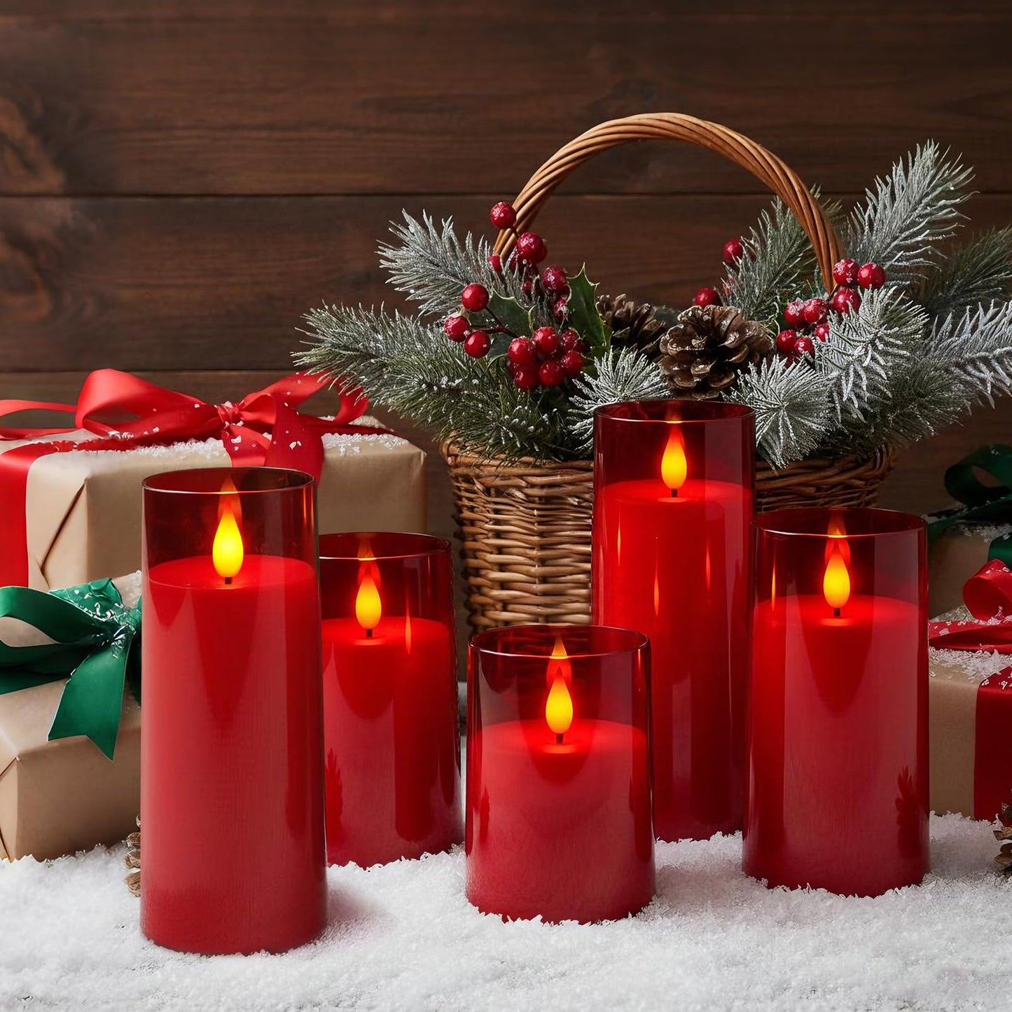 Raycare Independence Day Flameless Candles Battery Operated with Remote Timer, Acrylic Flickering LED Pillar Candle for 4th of July Home Patriotic Decor, Gift for Family and Friend, Red, Set of 5