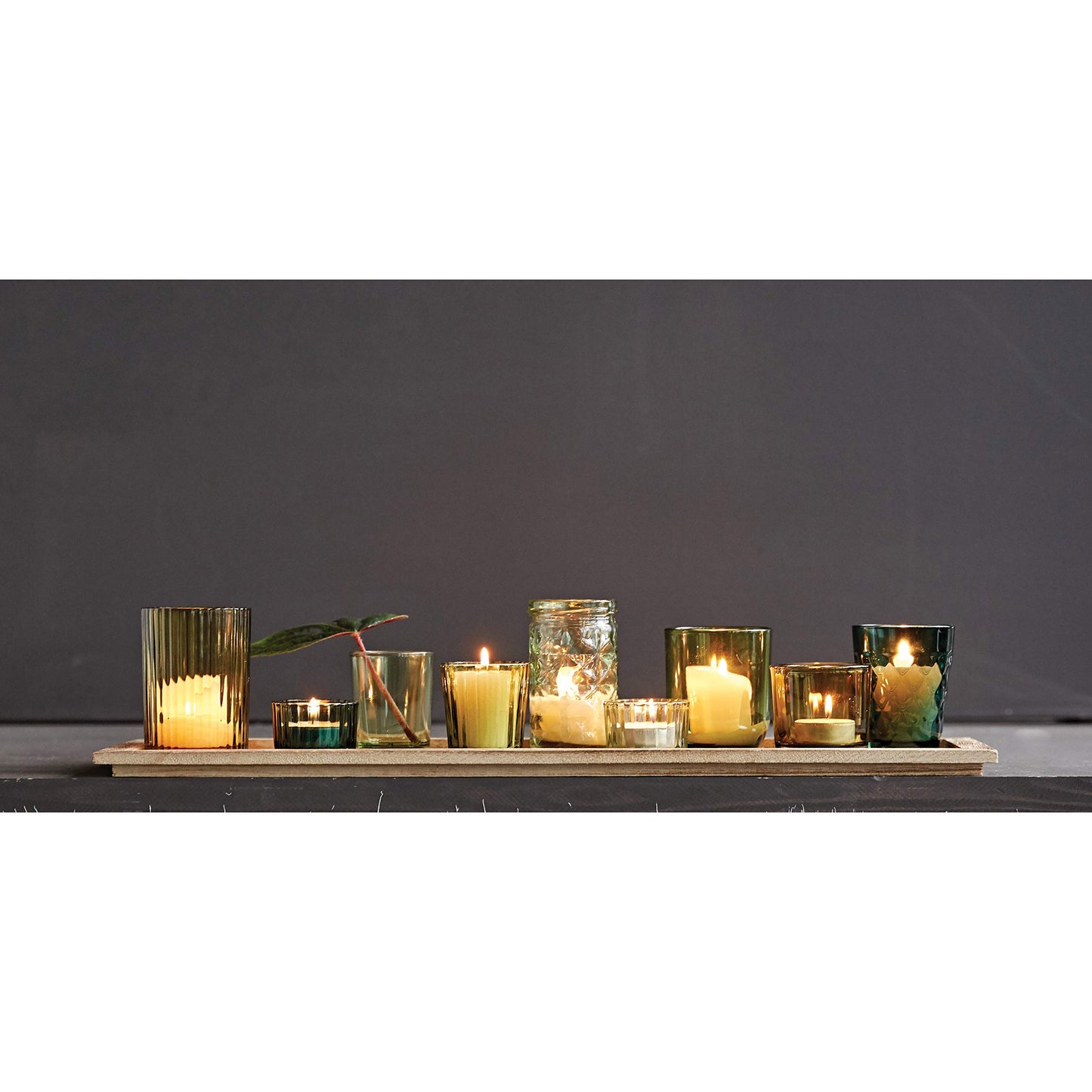 Creative Co-Op Wood Tray with 9 Green Glass Votive Holders
