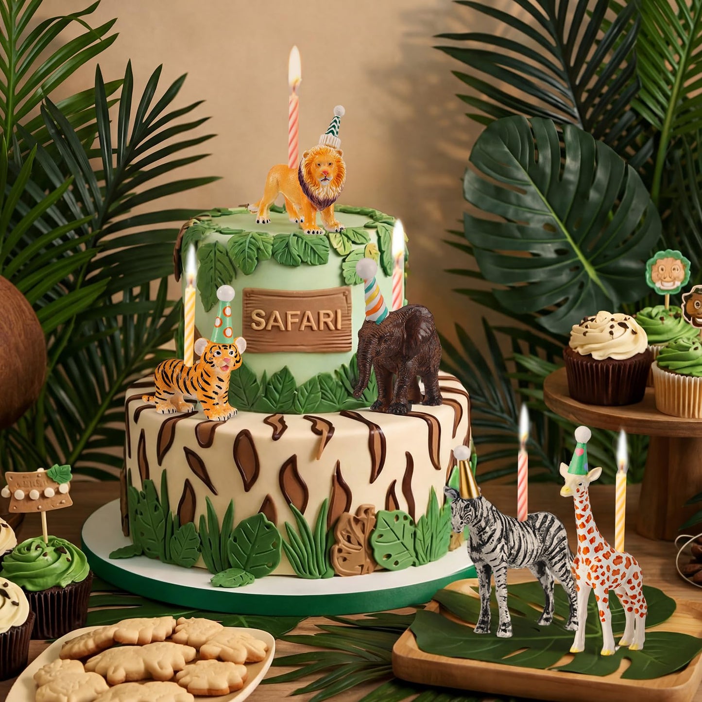 BrightRow 5 Pcs Safari Jungle Animal Cake Candle Holders Resin Animals Figures Cake Topper Birthday Party Decor Giraffe Lion Elephant Zebra Tiger Candle Stands for Wild Animals Themed Party Decor