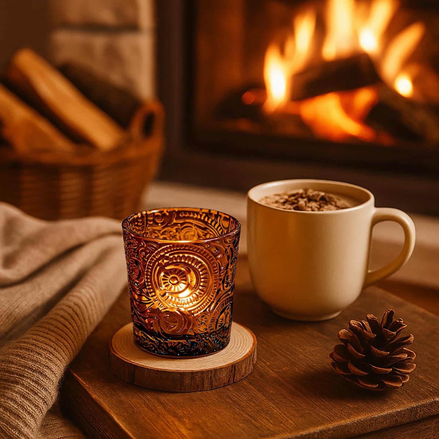 6 Pack Sun Moon Star Embossed Glass Tea Light Candle Holders - Votive Candle Holders for Wedding, Party, Home Decor, and Table Centerpieces (Chestnut Brown)
