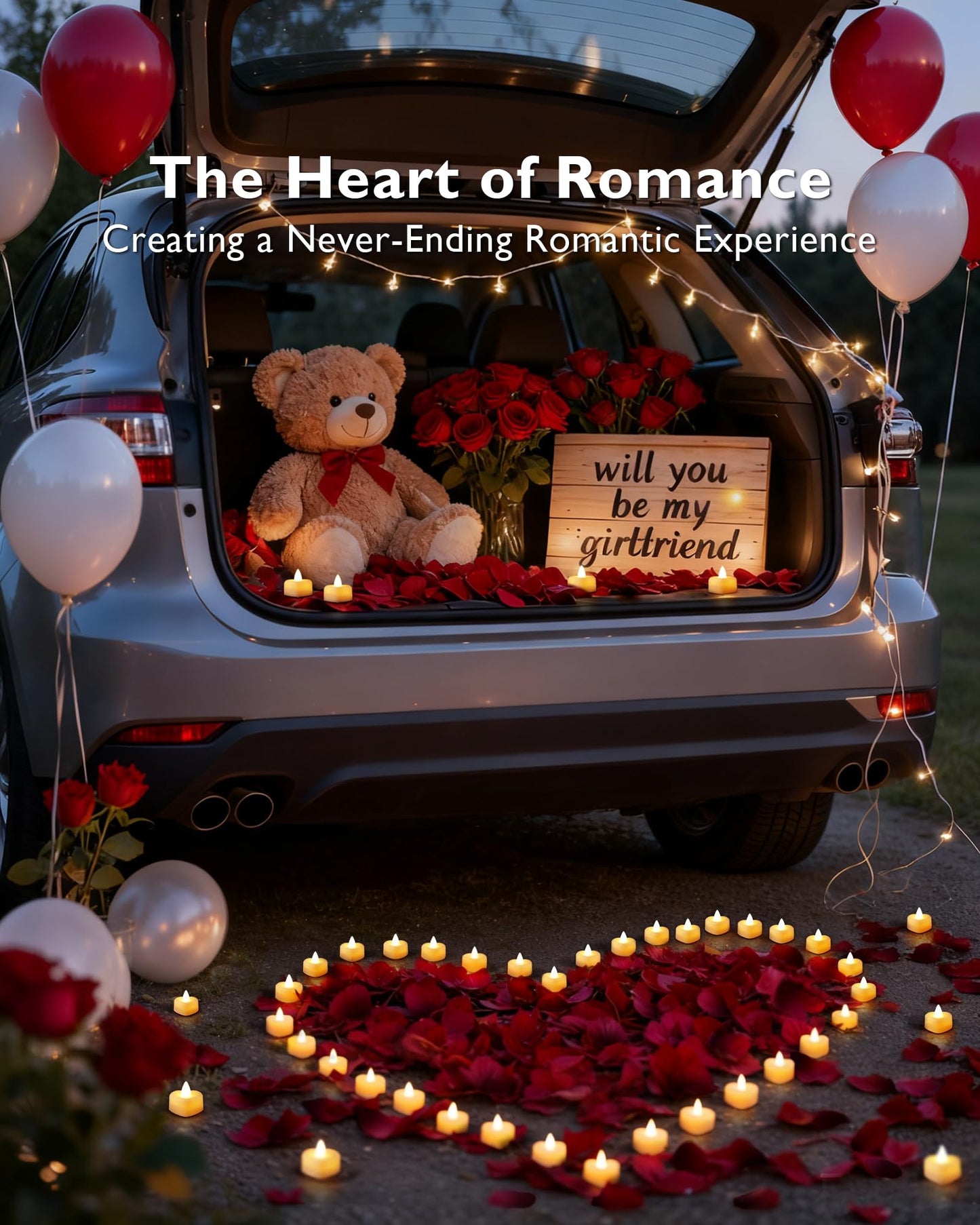 Amagic 2000 Pieces Artificial Rose Petals with 24 Heart LED Tea Lights Candles Kit, Rose Petals and Candles Set for Proposal, Anniversary, Special Romantic Night, Wedding Table Decor, Birthday