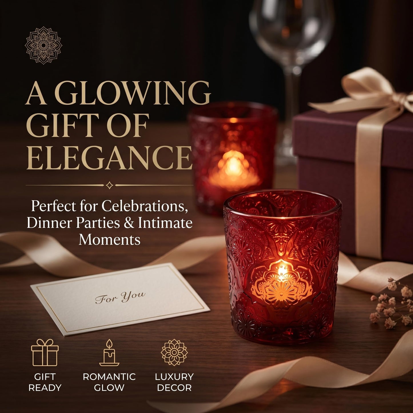 12 Pack Mandala Embossed Glass Candle Holders – Votive Tealight Holders with Patent Design, Decorative Embossed Glass Cups for Wedding Centerpieces, Parties, and Home Décor (Crimson Glow)
