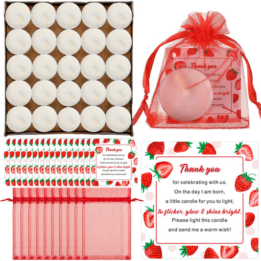 Kosiz 50 Sets Strawberry Baby Shower Favors Candle Party Favors for Guests Including 50 Pcs Mini Tea Light Candles with Thank Tags and Return Gifts Bag for Baby Shower Girls Gender Reveal Supplies