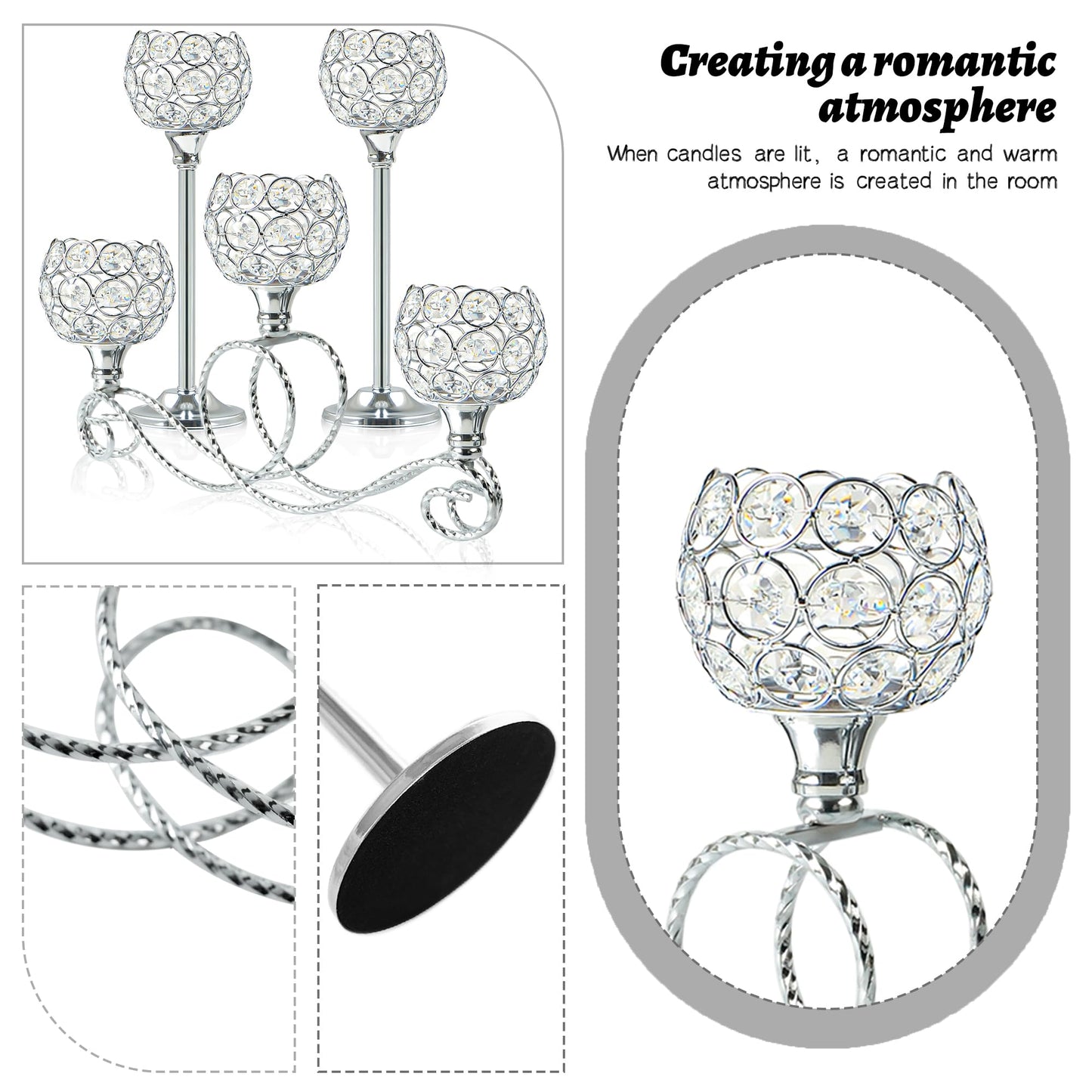 Silver 5 Arm Metal Crystal Tea Light Candle Holder, Elegant Wedding Table Centerpiece Candle Holder, Christmas Wishing Crystal Bowl Candle Holder Suitable for Wedding Party Living Room Decoration