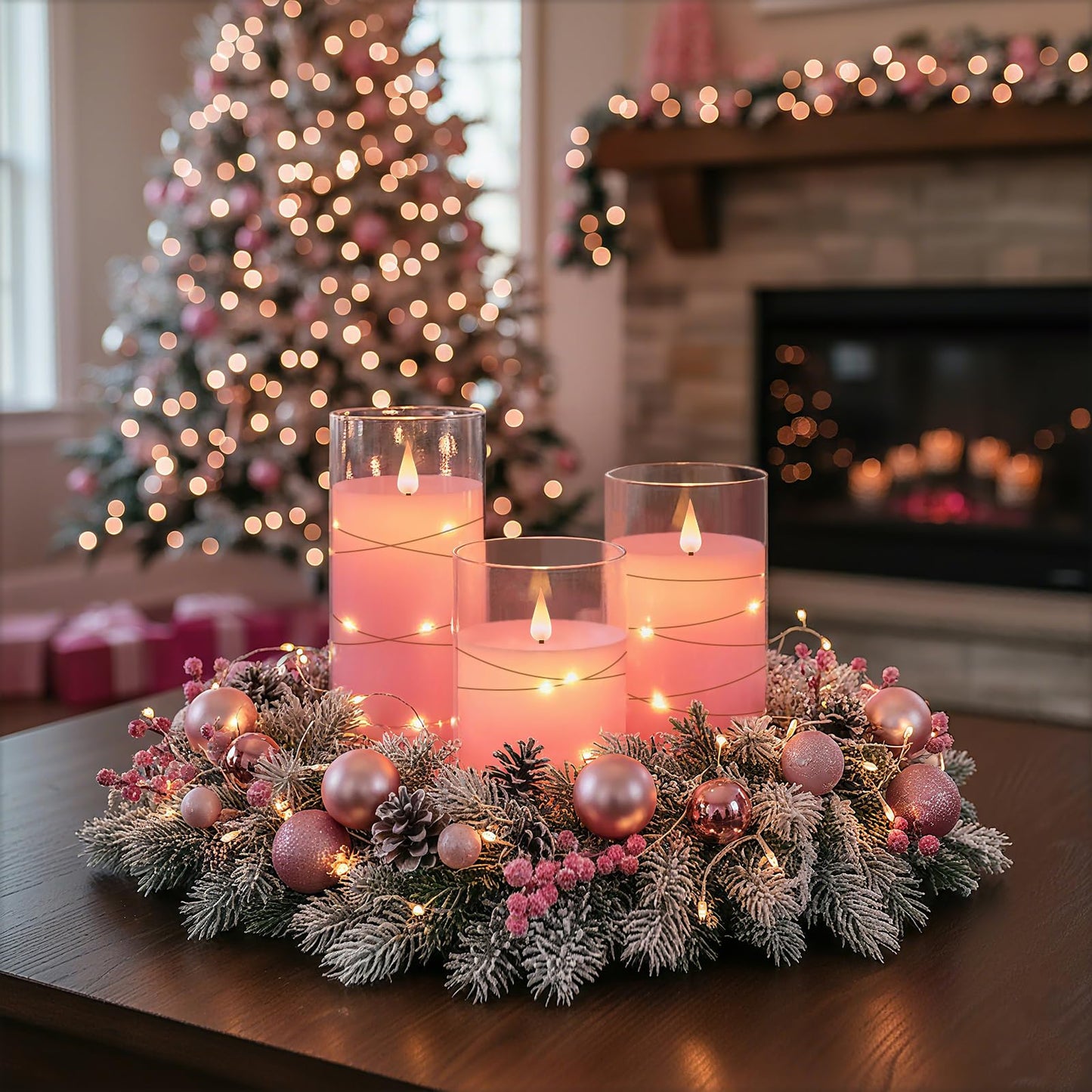 Homemory Flickering Flameless Candles with String Lights, Battery Operated Candles, Embedded String Lights LED Candles, Unbreakable Plexiglass Candle with Remote, Set of 3, Pink