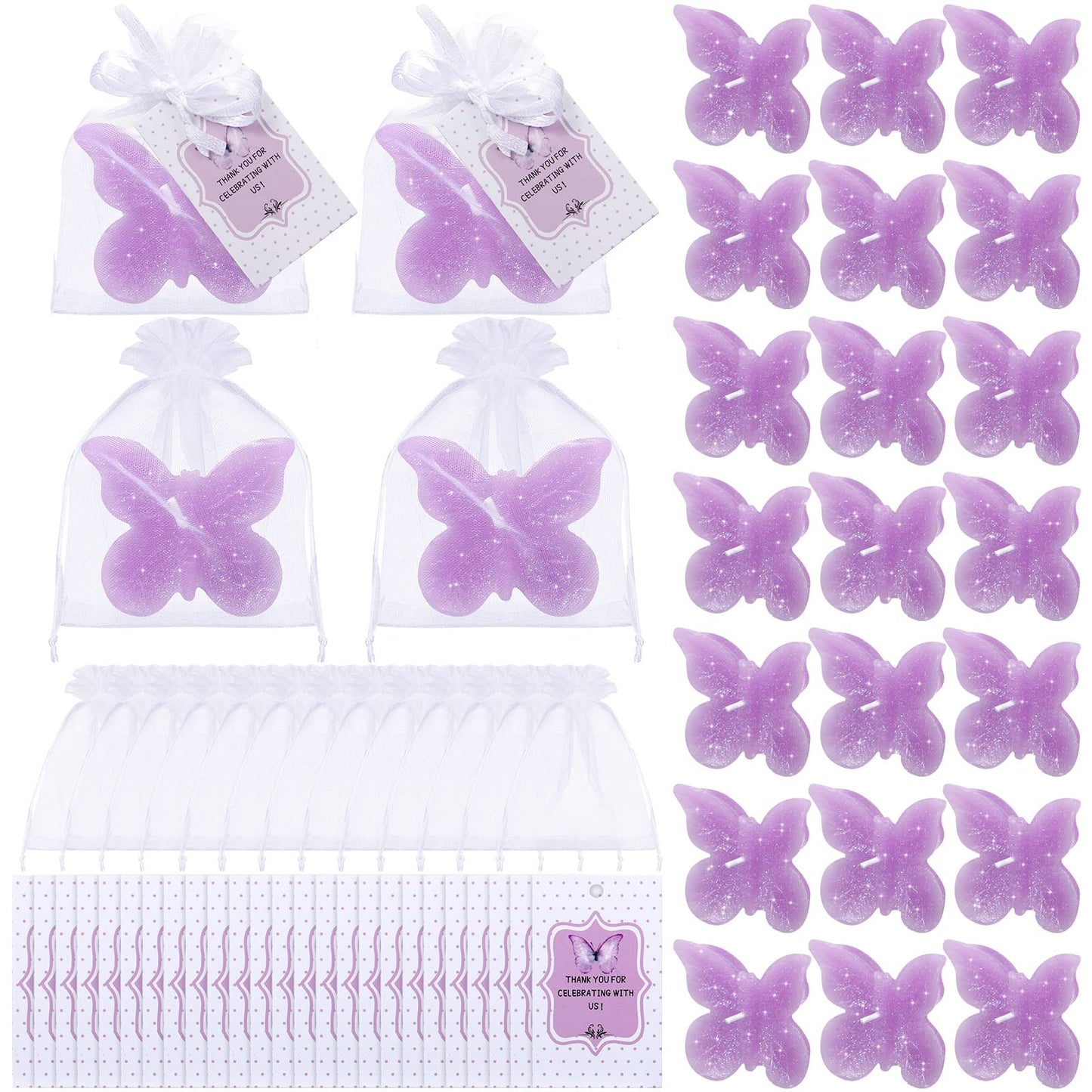 Treela 24 Sets Butterfly Baby Shower Party Favors for Guests Purple Tea Lights Candles with Thank You Gifts Cards and Bags Decorations for Wedding Birthday Engagement Souvenirs Gender Reveal