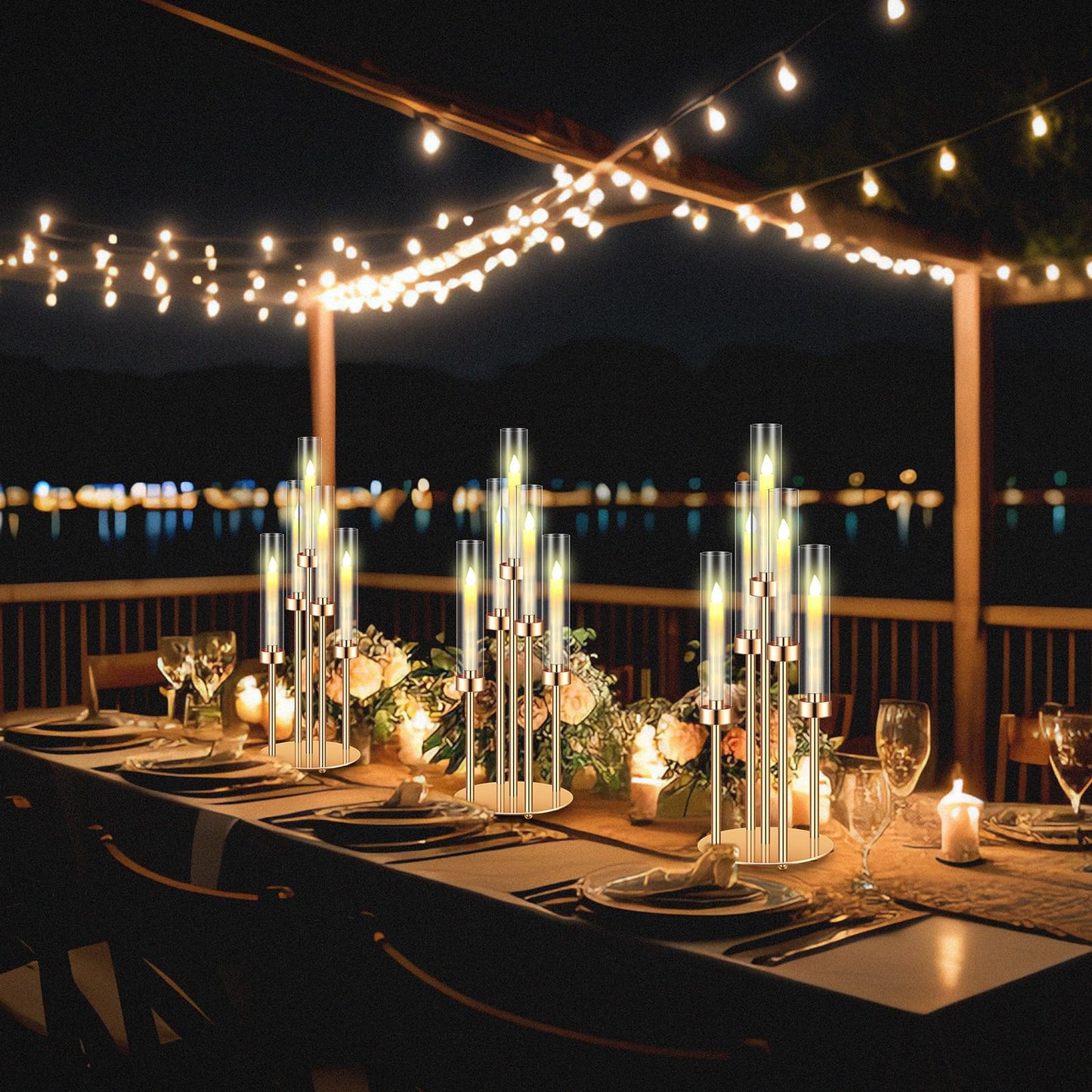 Tandefio 4 Set Gold Candelabra Centerpieces for Tables, 26.8 Inch 5 Arm Candle Holders with LED Candles and Acrylic Cylinders, Tall Acrylic Wedding Table Centerpieces for Reception Dinner Party Decor